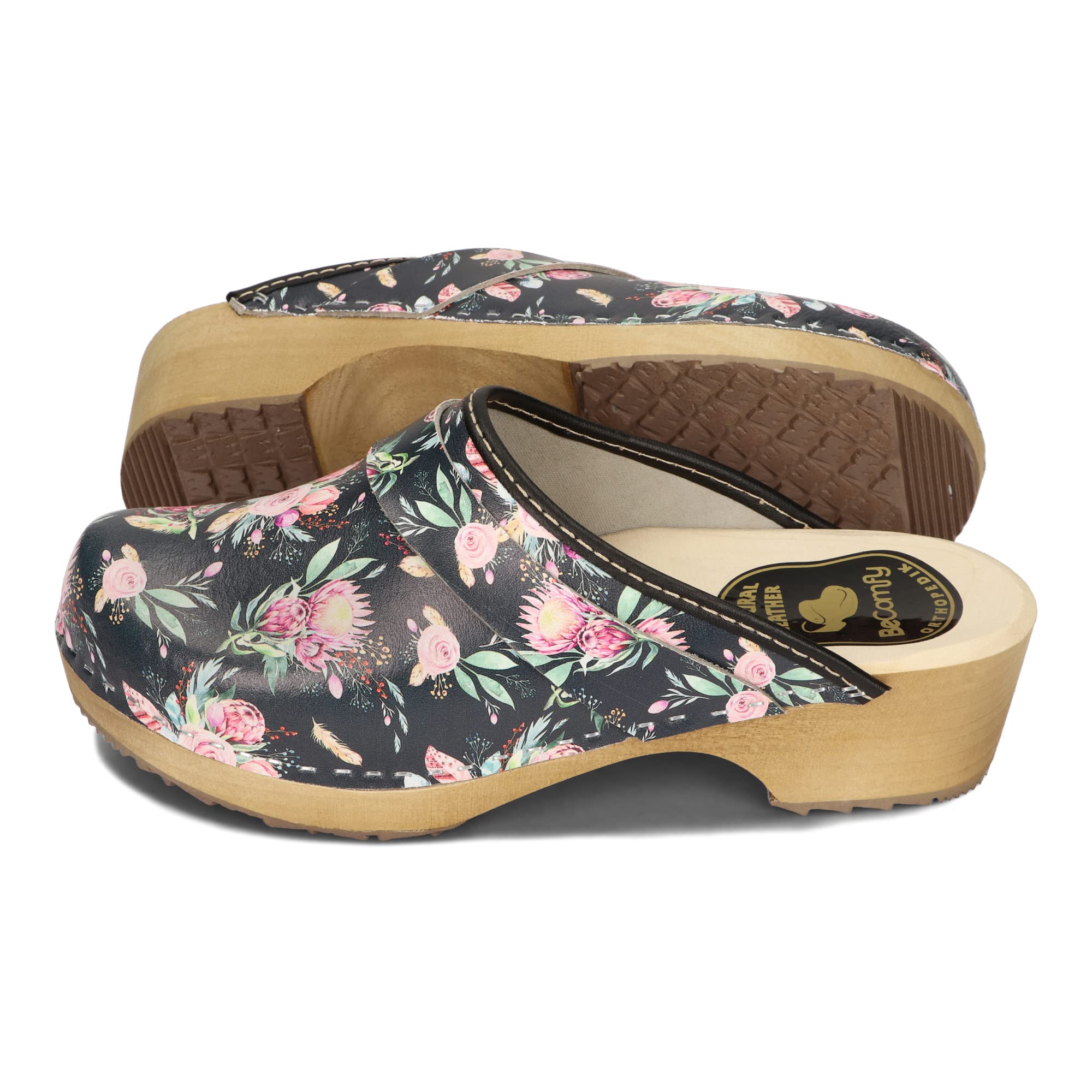 BeComfy Damen Holz Clogs Leder Clogs mit Holzsohle Echtleder Holzclogs Blumen Blau Weiß 35-41 EU