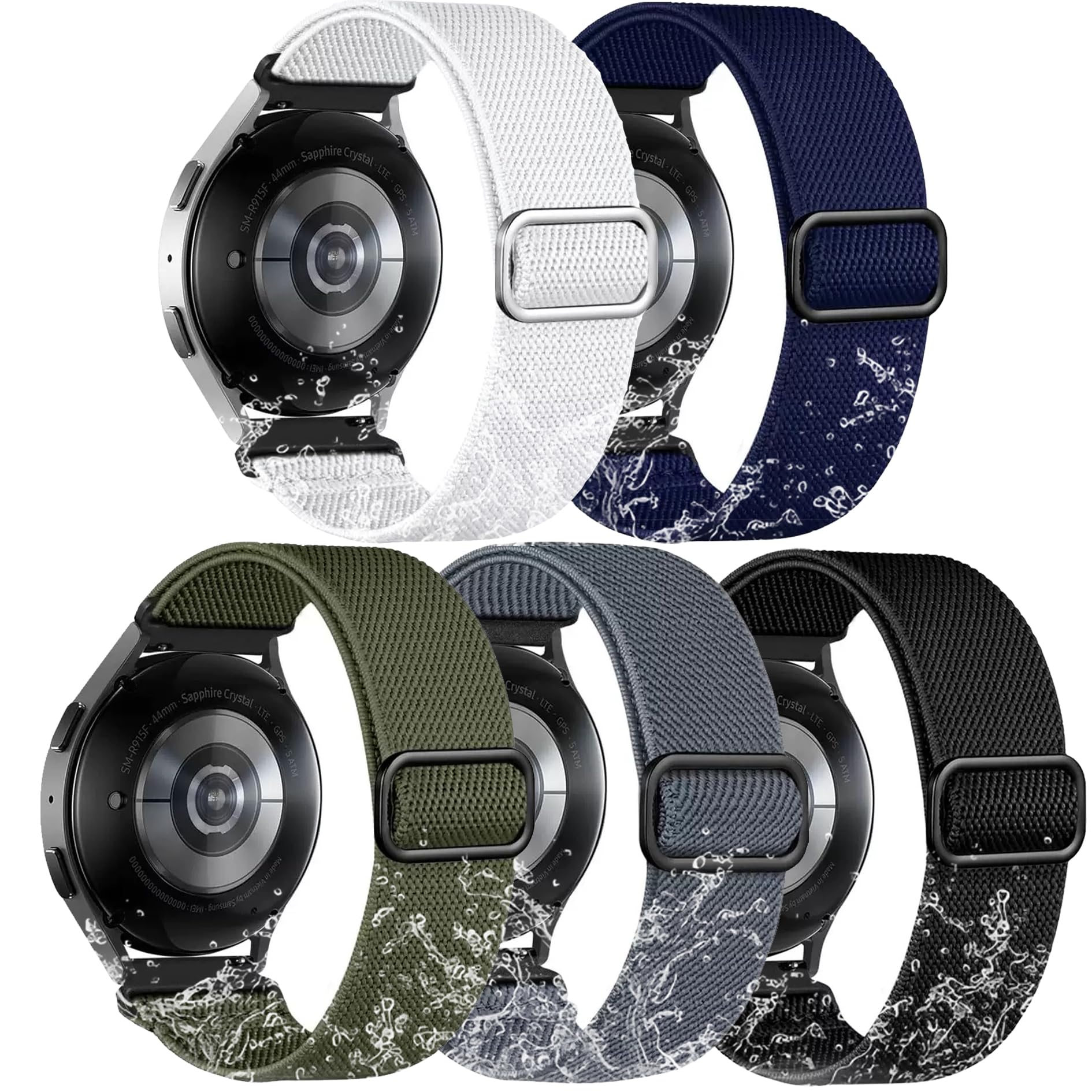 ZXgomg 5 Pack Waterproof Elastic Straps Compatible with Samsung Galaxy Watch 7 6 5 4 40mm 44mm /for Galaxy Watch 6 4 Classic Strap 42mm 46mm 43mm 47mm/Active 2,20mm Adjustable Nylon Sport Strap