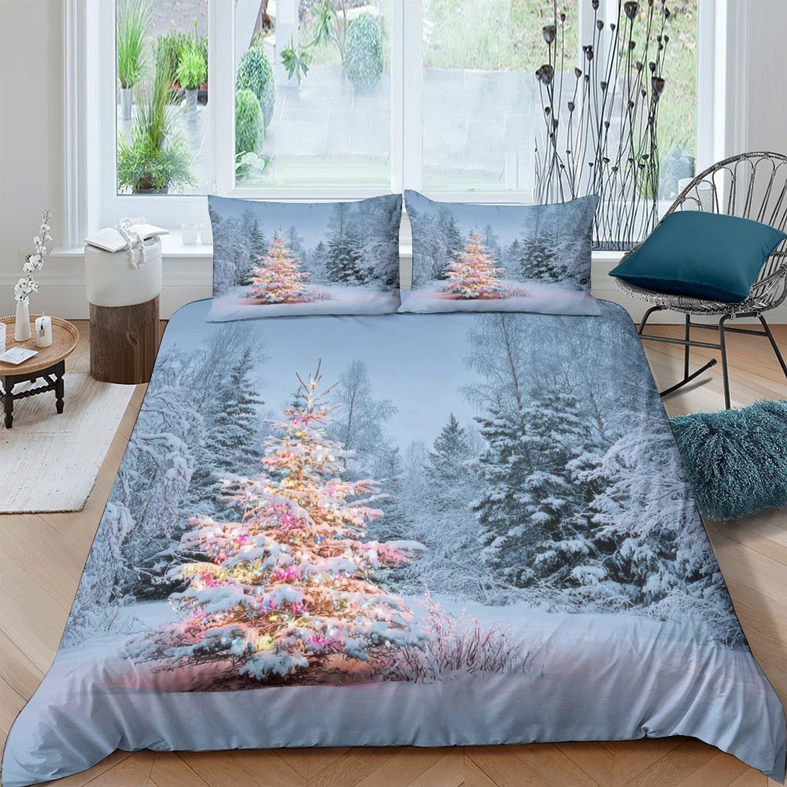 Ctjqhvkz Style-1 3D Printed Christmas Tree Fitted Sheet Microfiber Snow Forest Mattress Cover For Bedroom Guest Room Winter Decor Single（135X200cm）