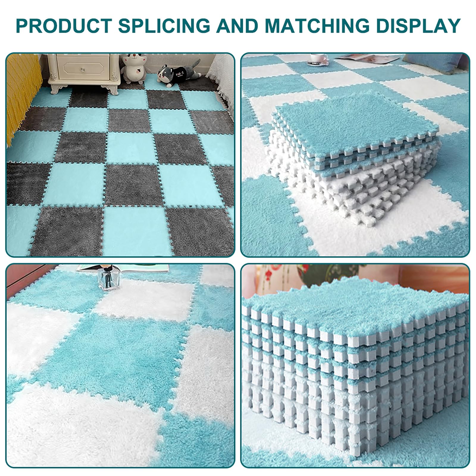 12 Piezas Alfombra Puzzle, Alfombra de Espuma Interconectable 30 cm x 30 cm x 1,25 cm, Mullidas Alfombras de Peluche Modular para Sala de Estar, Dormitorio, Jugar (Azul Cielo)