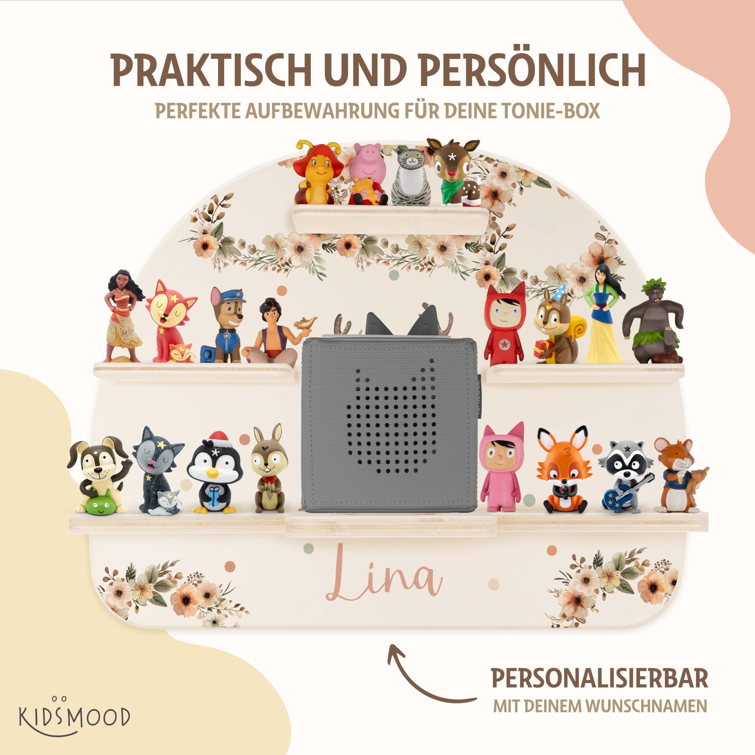 Kidsmood - Tonie Regal mit Namen – Wandregal für Toniebox 1 & Figuren | Abgerundete Ecken & Kanten Inkl. Metallplättchen für Tonie Hörfiguren | Kinderzimmer Regal für Mädchen & Jungen