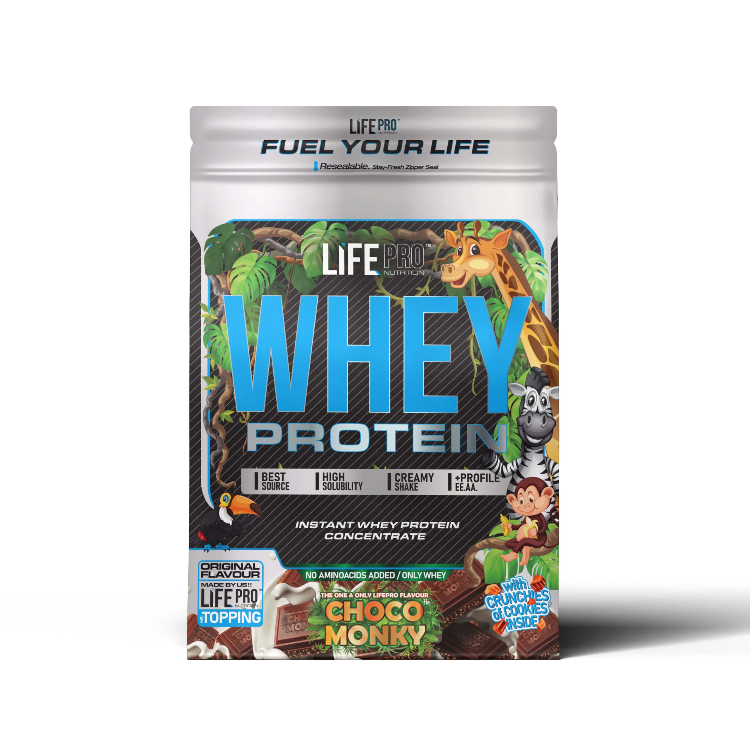 Life Pro Whey Protein Choco Monky en Polvo 2kg | Proteinas Whey en Polvo con Suero de Leche | Alta Proteína para Masa Muscular y Recuperación con BCAA y Glutamina