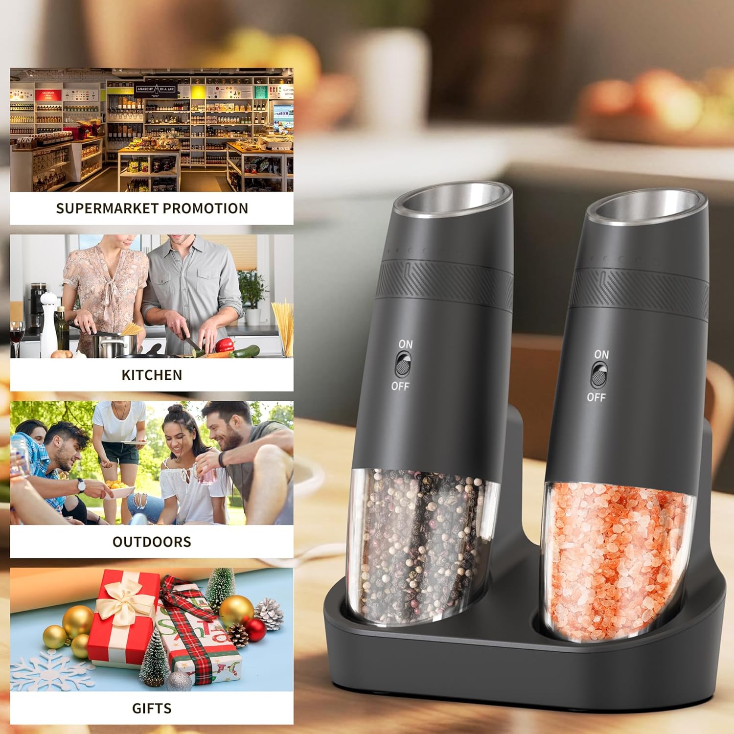 Gravity Electric Pepper and Salt Grinder Refillable Set - Automatic Shakers Pepper Mill, Adjustable Coarseness, with Rechargeable Base & LED Light