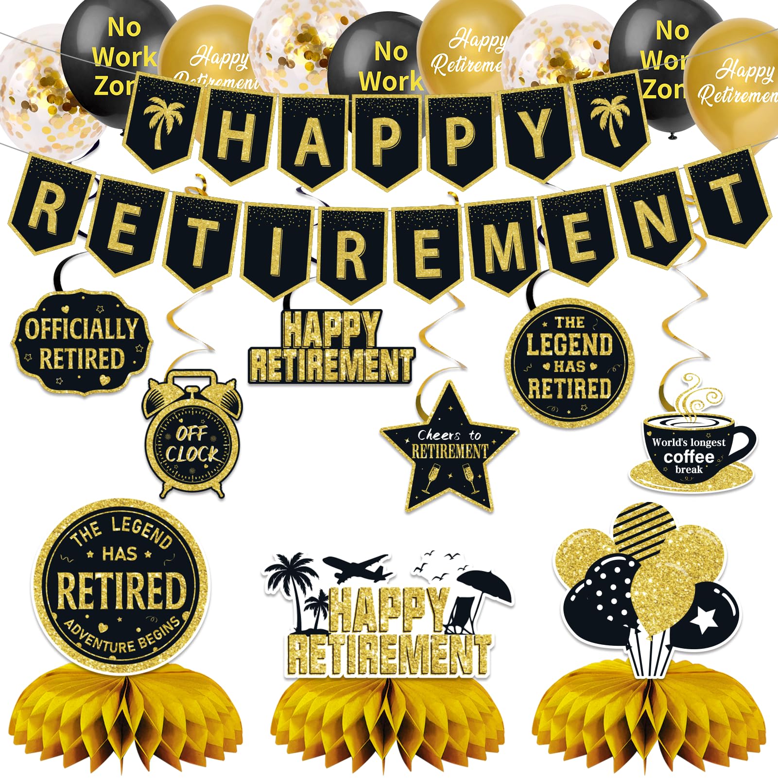 25Pcs Retirement Party Decorations for Men Women, Black Gold Happy Retirement Banner Balloons Party Supplies, The Legend Has Retired Farewell Theme