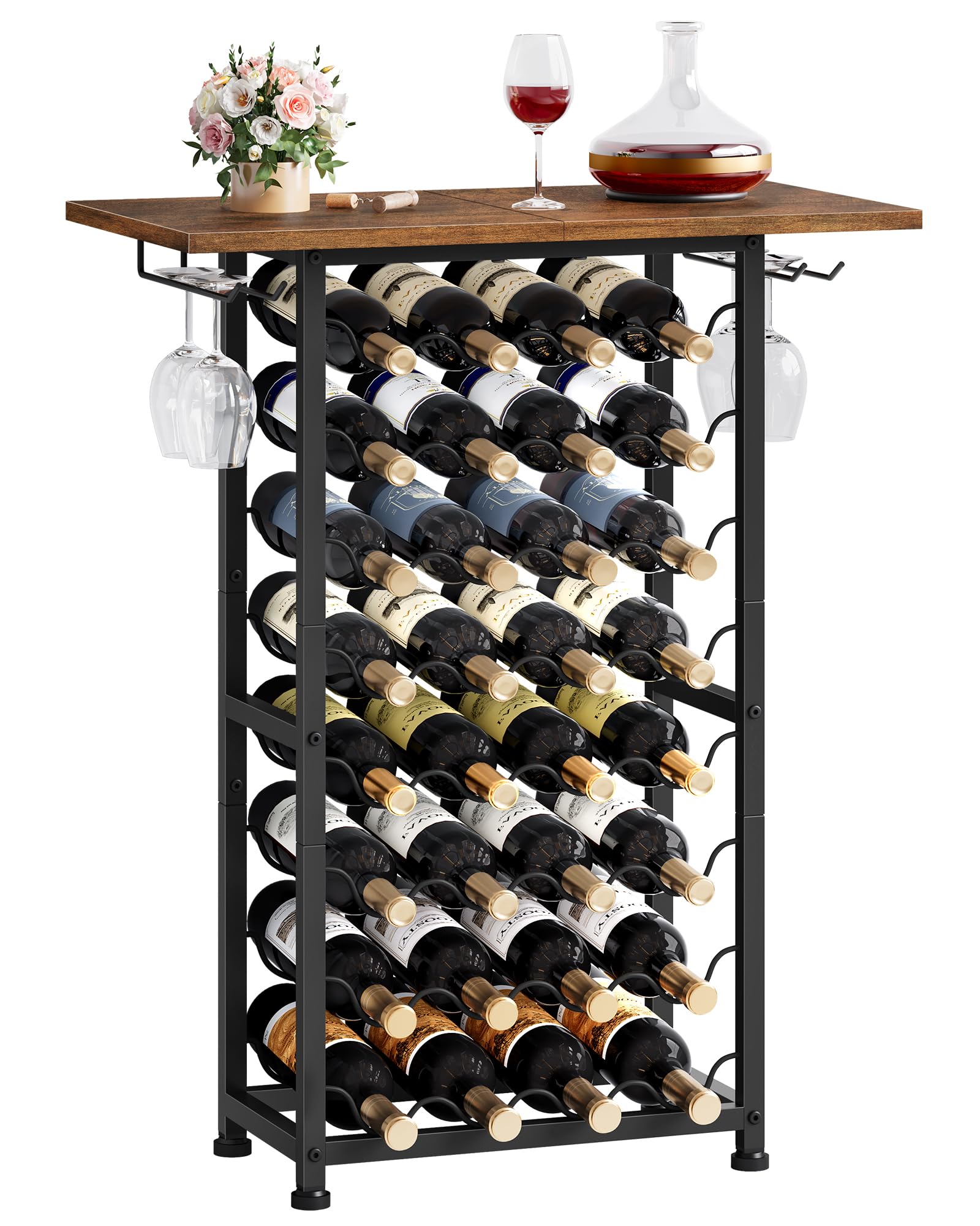 FAVOOSTY Weinregal für 32 Flaschen, Freistehend, aus Holz, Mehrstöckig, aus Eisen, für Zuhause, Restaurant und Bar Braun