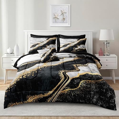 Miniatura 2 de Merryword Juego de edredón de mármol blanco y negro de 8 piezas, ropa de cama en una bolsa, ropa de cama con diseño de mármol metálico dorado con 1