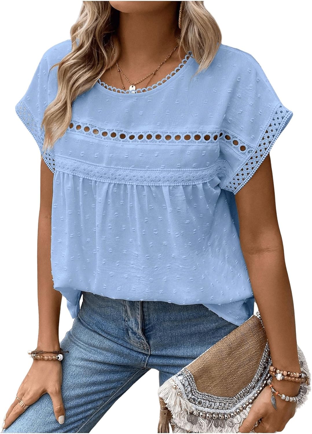 SweatyRocks Women's Crewneck Short Sleeve Blouses Casual Lace Crochet Loose Fit Blouse Shirts Going Out - Image 4