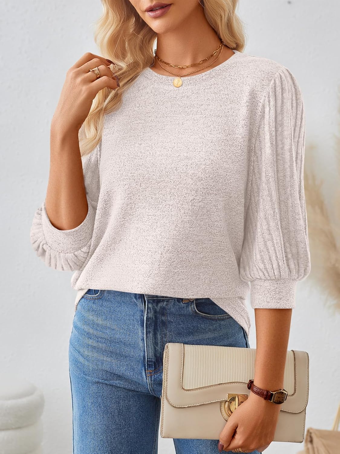 AUTOMET 3/4 Length Sleeve Womens Tops Puff Lightweight Spring Sweaters Business Dressy Casual Work Blouses Cute T Shirts - Image 3