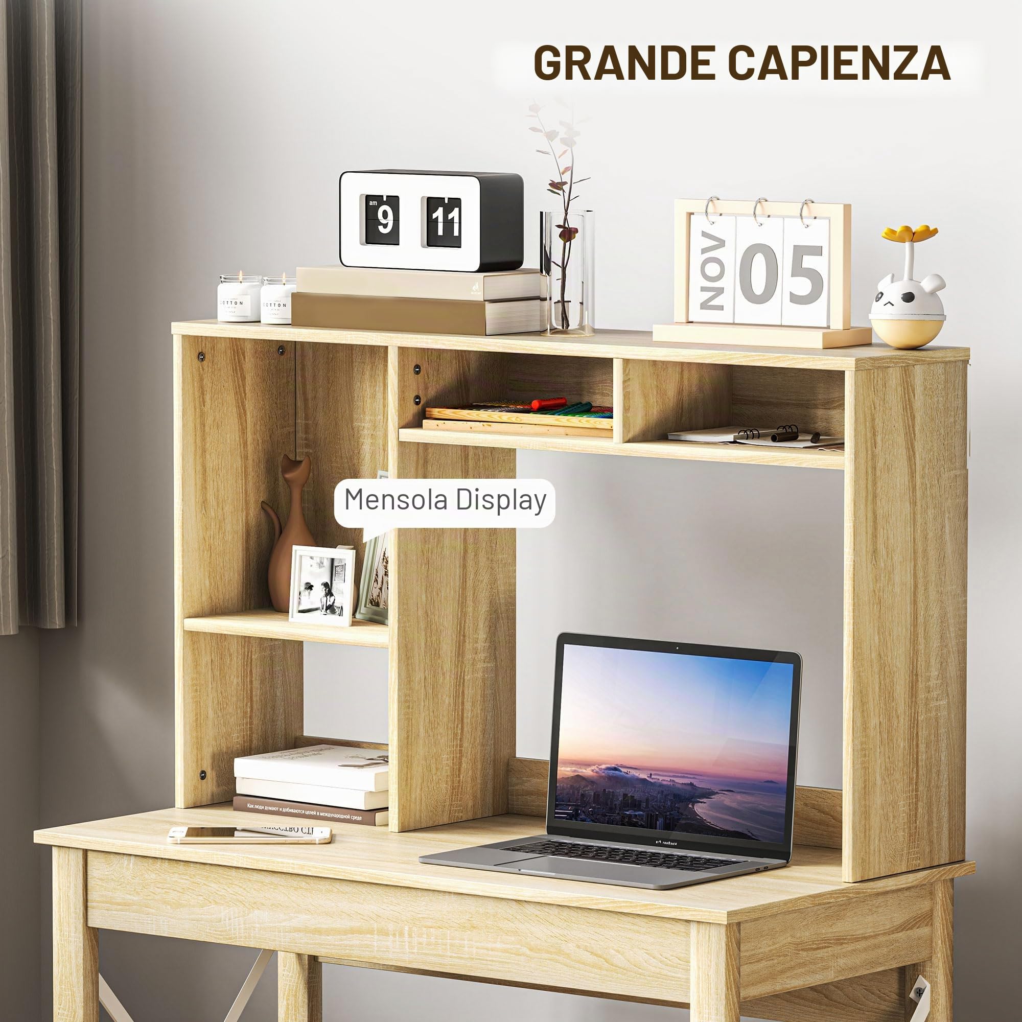 HOMCOM Scrivania computer 41" con scomparti e mensole Rovere | Tavolo da scrittura con ribalta, scrivania per ufficio domestico