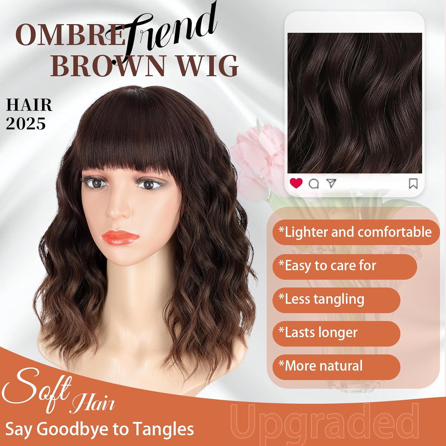 Lativ Ombre Brown Wigs for Women Bob Wig with Bangs Short Curly Wavy Wigs Natural Charming Heat Resistant Shoulder Length Hair for Cosplay Daily Party Use 14 Inches - Image 2