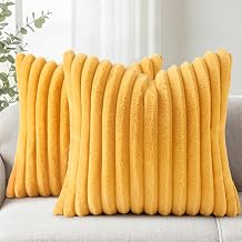 Simmore Faux Fur Couch Throw Pillow Covers 18x18 Set of 2, Decorative Soft Striped Plush Pillow Covers with Velvet Back for Sofa Bed Living Room, Mustard Yellow