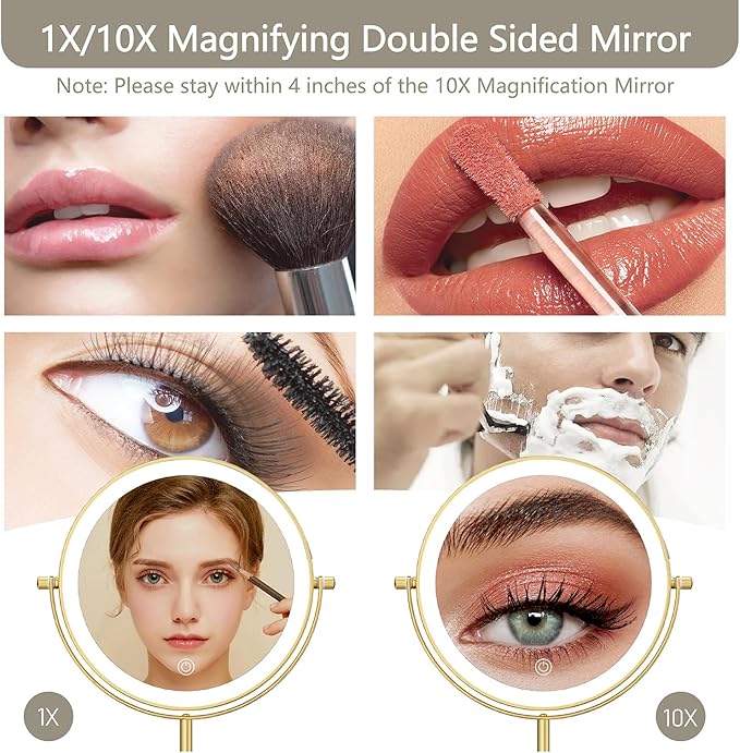 Espejo de Maquillaje con Luz 8", 1X/10X Aumento, Ajustable en Altura, Recargable miniatura 3