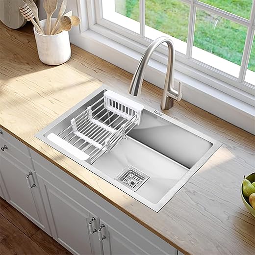 Ruhe® Handmade Exclusive Single Bowl Kitchen Sink - 24x18x10 inches | Premium Stainless Steel Sink with Brushed Matte Finish | Kitchen Sink Including Coupling, Waste Pipe & Vegetable Washing Basket