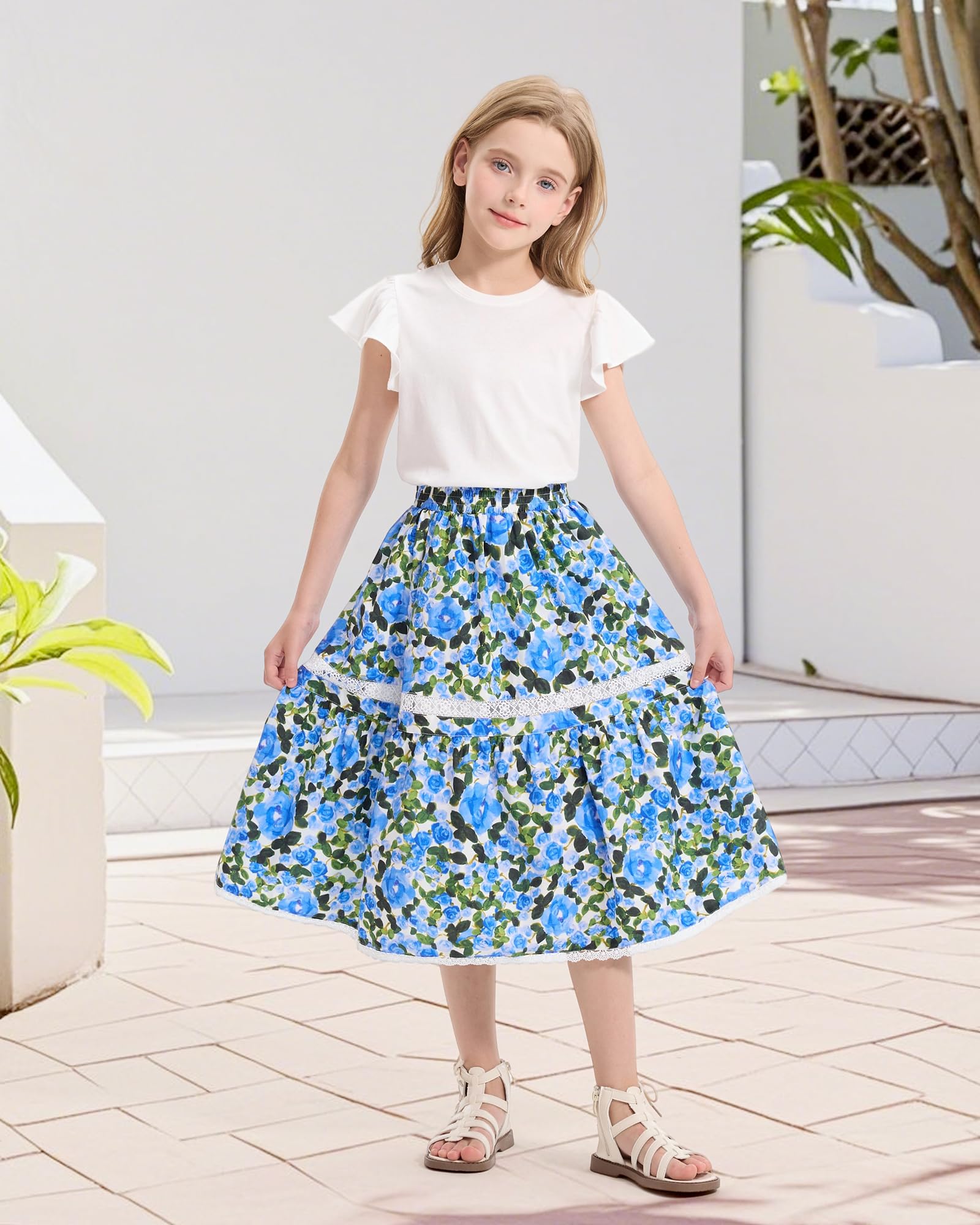 Rolanko Jupe Longue Floral pour Filles, Taille Haute Élastique Ourlet à Volants Boho Robe Longue Fluide en A