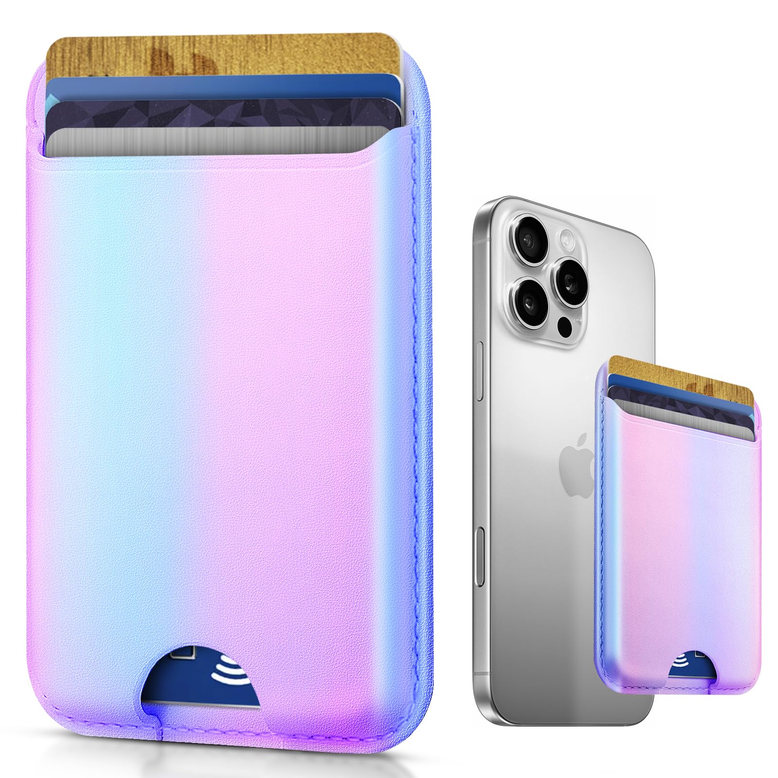 Phone Card Holder Stick on, Premium Leather Phone Wallet Stick on, Stronger Adhesive Credit Card Holder for Back of Phone Case, iPhone, Samsung, and Android, RFID Blocking, Fit 4 Cards, Rainbow Color