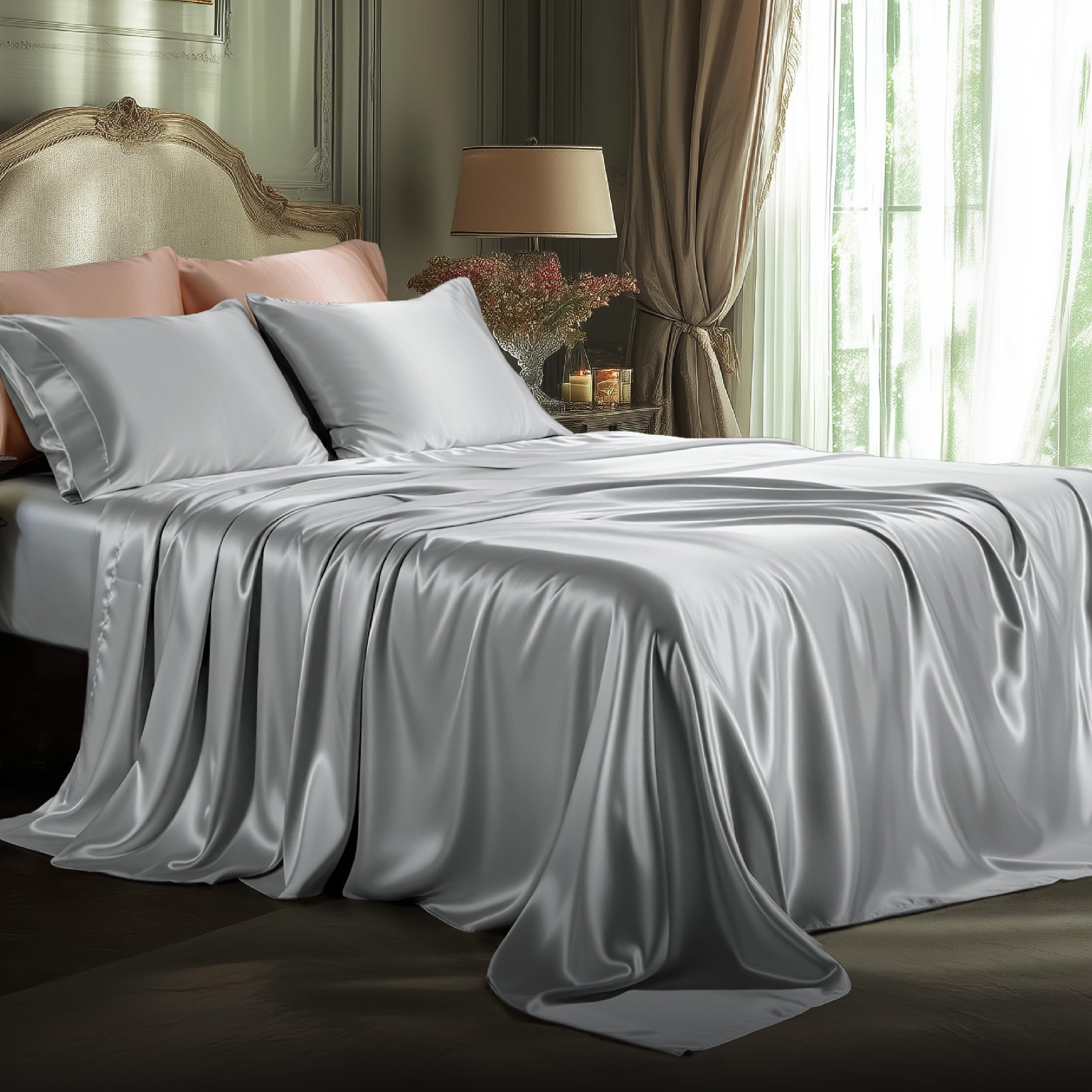 Bedsure Satin Sheets Queen Size - 4 Piece Silky Bedsheets with Elastic Corner Straps and 15 Inches Deep