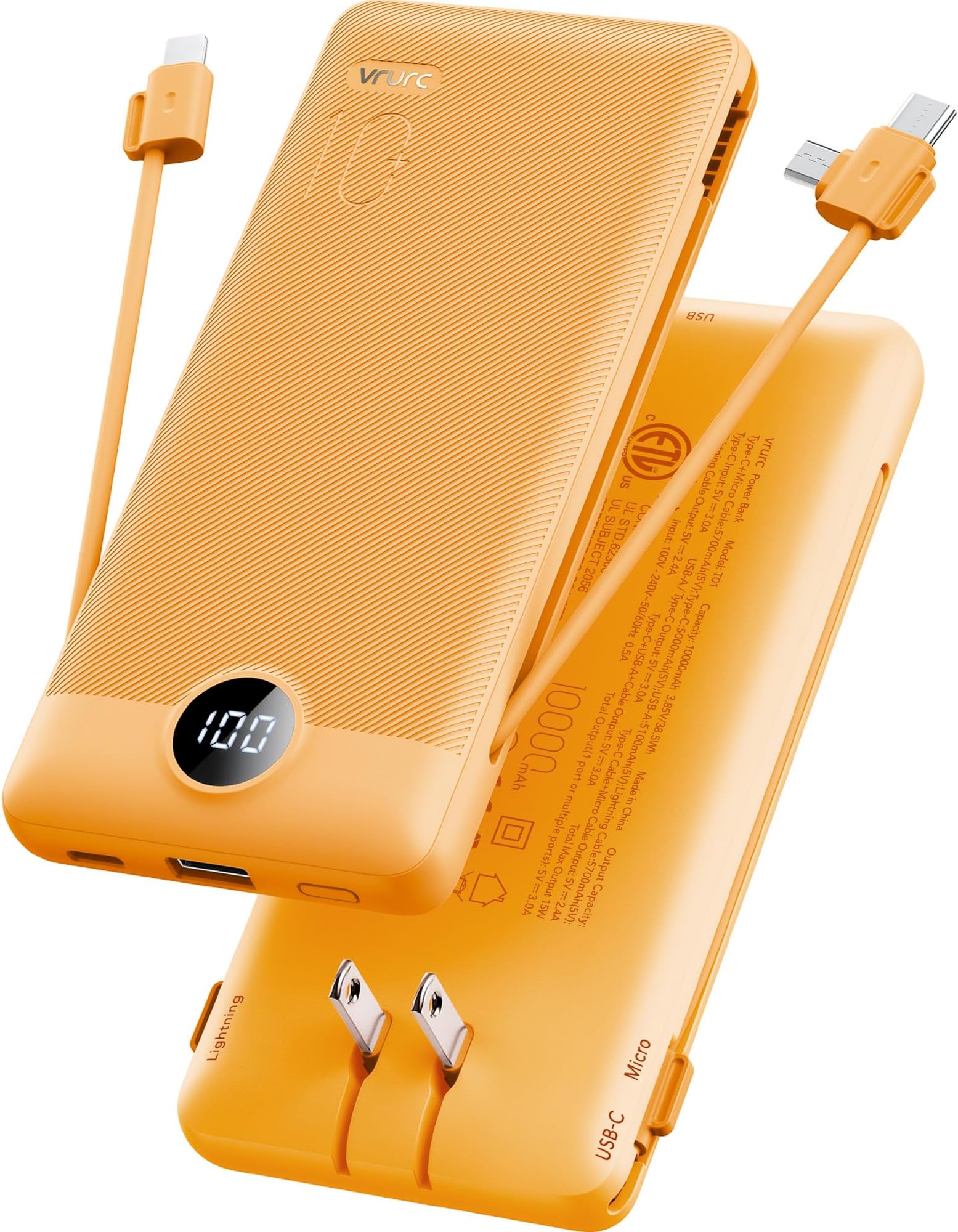 VRURC Portable Charger, Power Bank Built-in Cables and AC Wall Plug