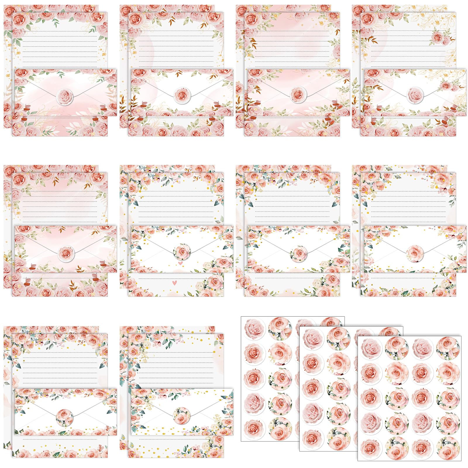 TaoBary 160 Pcs Stationery Paper Set 50 Double Sided Stationery Papers with 50 Matching Envelopes and 60 Round Dot Sticker, 10 Design(Floral,8.5 x 11