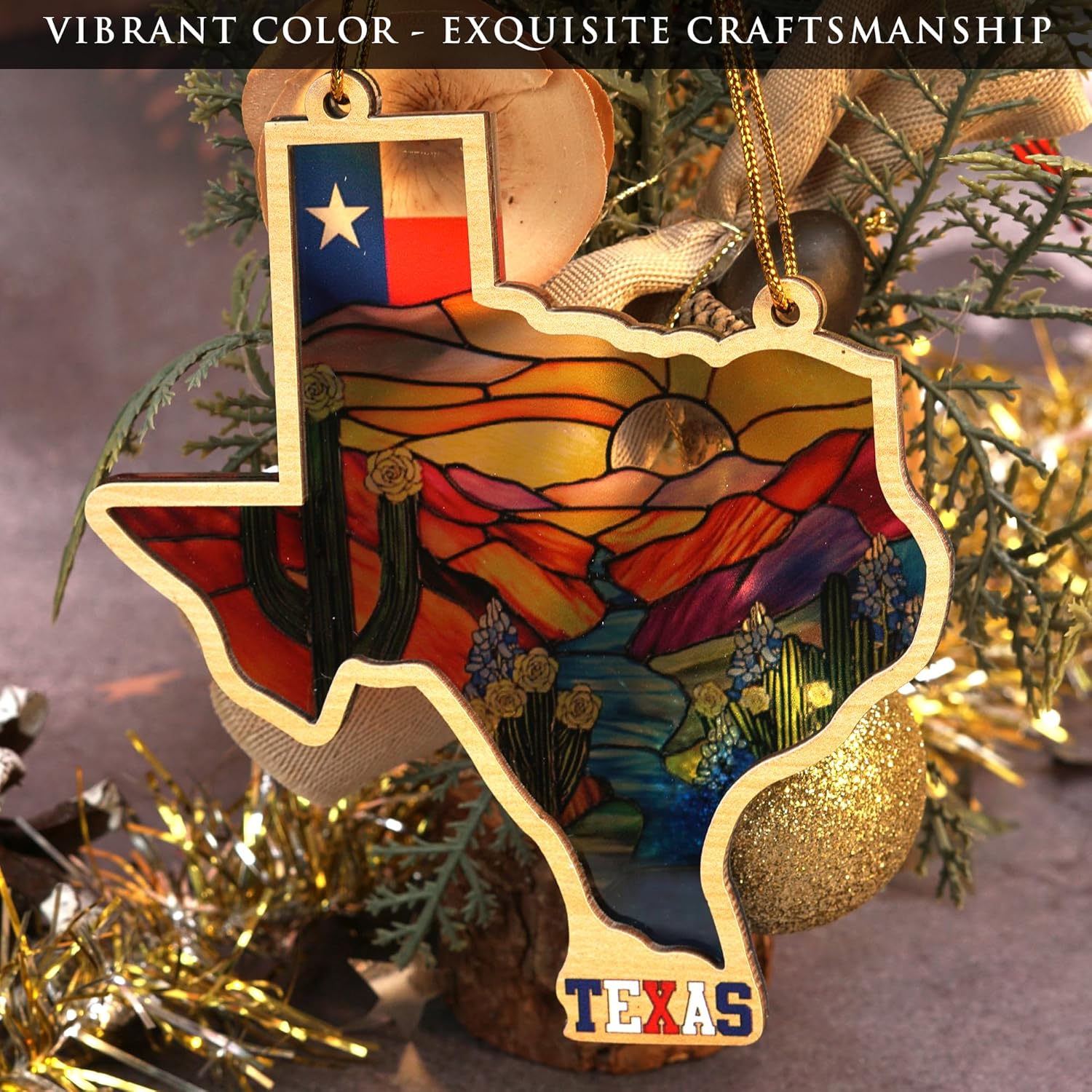 Texas Stained-Glass Look Ornament, Double-Layer Wood & Acrylic State Shape with Flag, Bluebonnets & Cactus, Christmas Ornament for Tree, Ready-to-Gift - Image 3