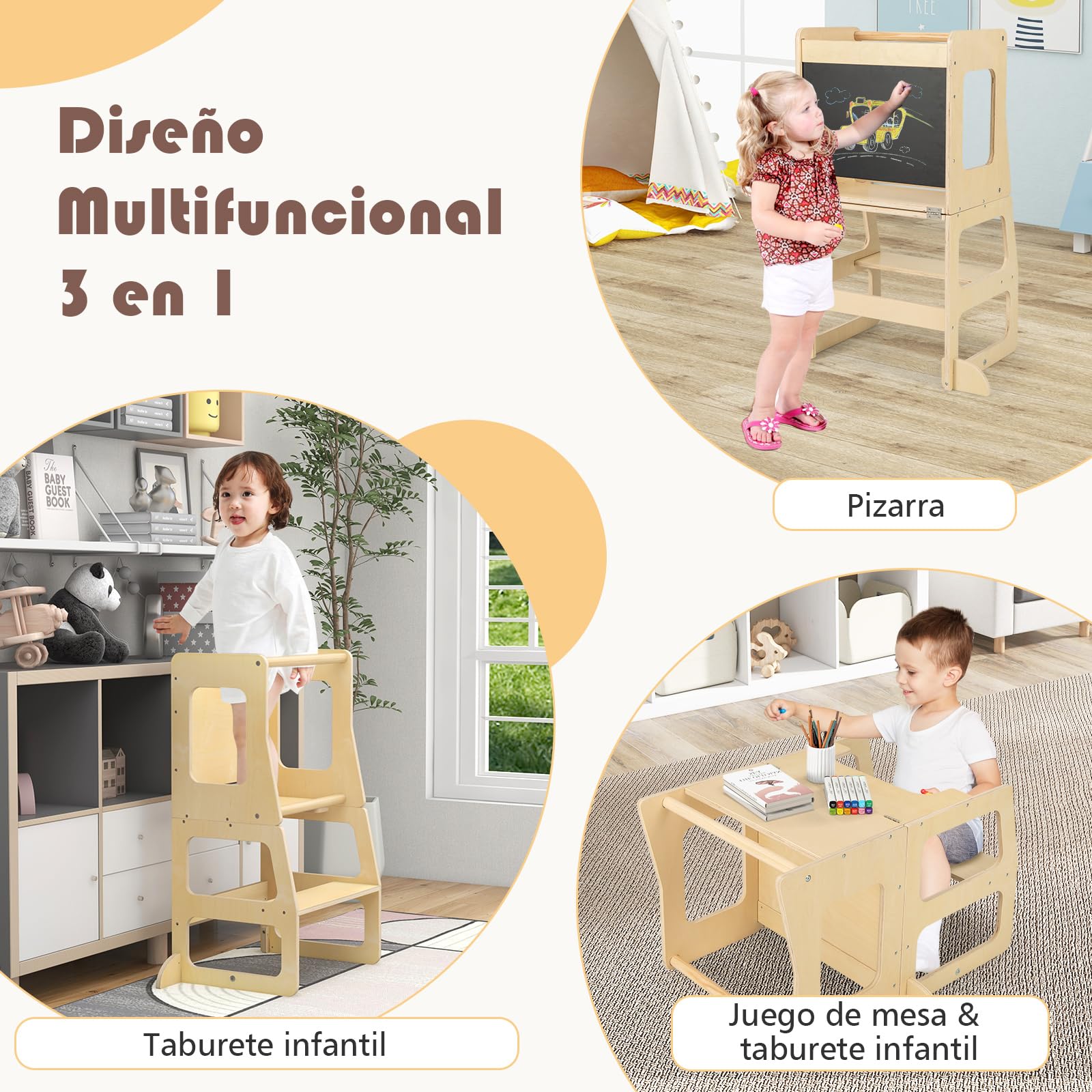 COSTWAY Torre de Aprendizaje Plegable 3 en 1, Taburete Infantil Montessori de Madera con Pizarra, Mesa, Taburete y Barra de Seguridad para Baño Cocina, Juego de Mesa y Silla para Niños