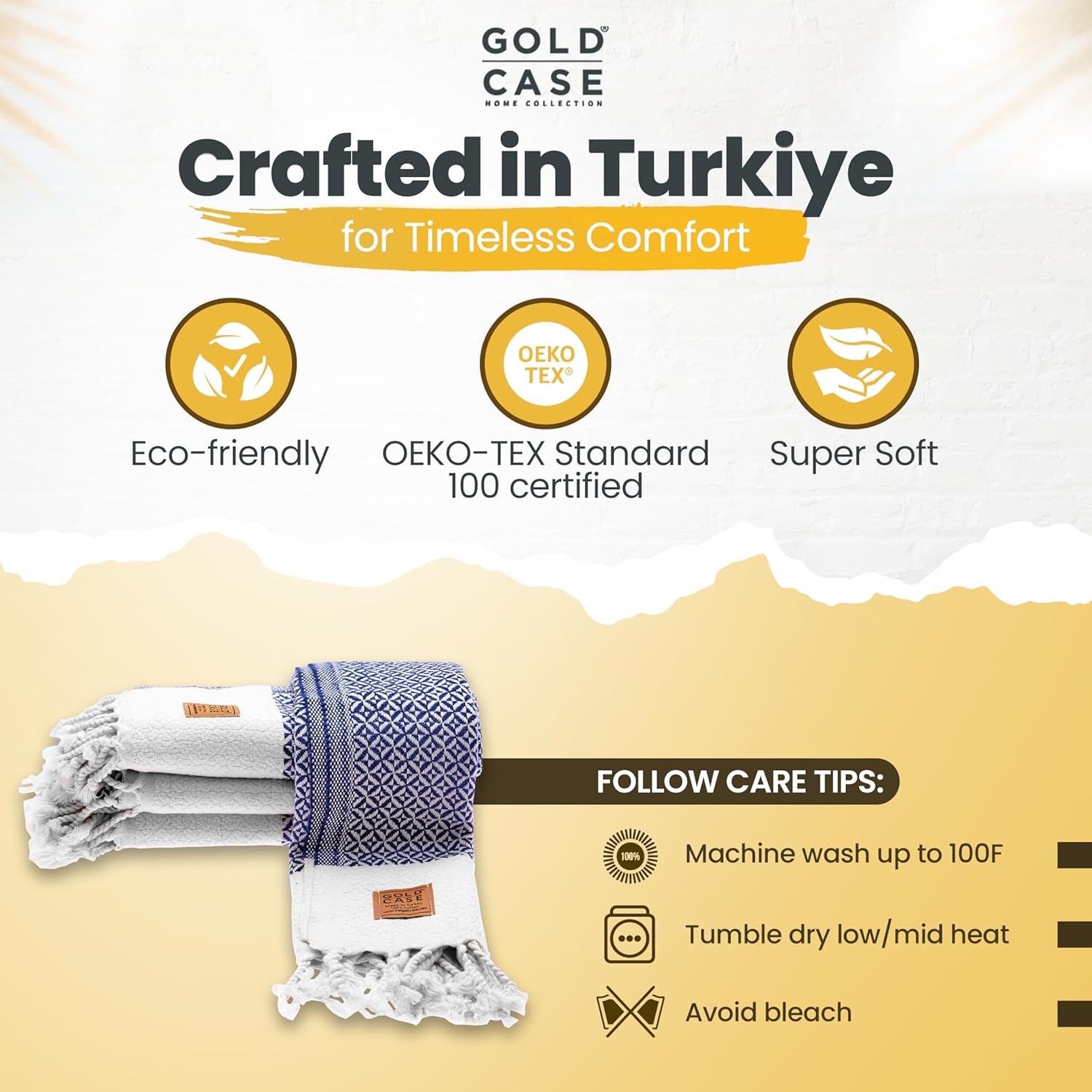 Gold CASE Turkish Hand Towels for Bathroom Set of 4 – 20 x 40'' – 100% Cotton Bathroom Towels – Aphrodite Kitchen Small Towel for Spa, Face, Tea & Dishcloth – Decorative Patterned Weave – Navy Blue