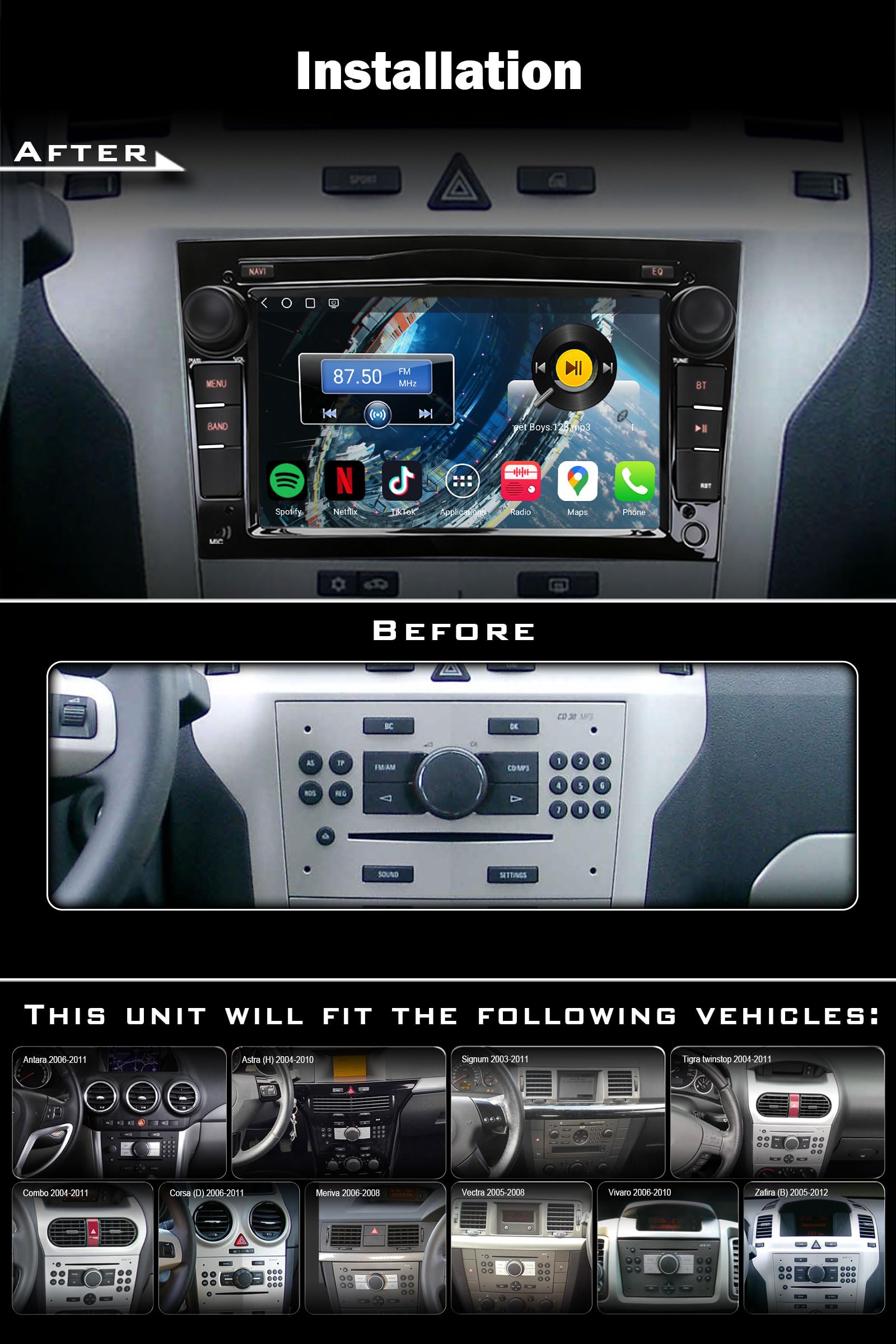 Erisin Qualcomm 8-Core Android 14 4GB+64GB GPS Navegación Radio Coche para Opel Corsa D/C Astra H Antara Vectra Combo Meriva Zafira 7" IPS Pantalla CarPlay Android Auto Bluetooth WiFi 4G DSP Canbus