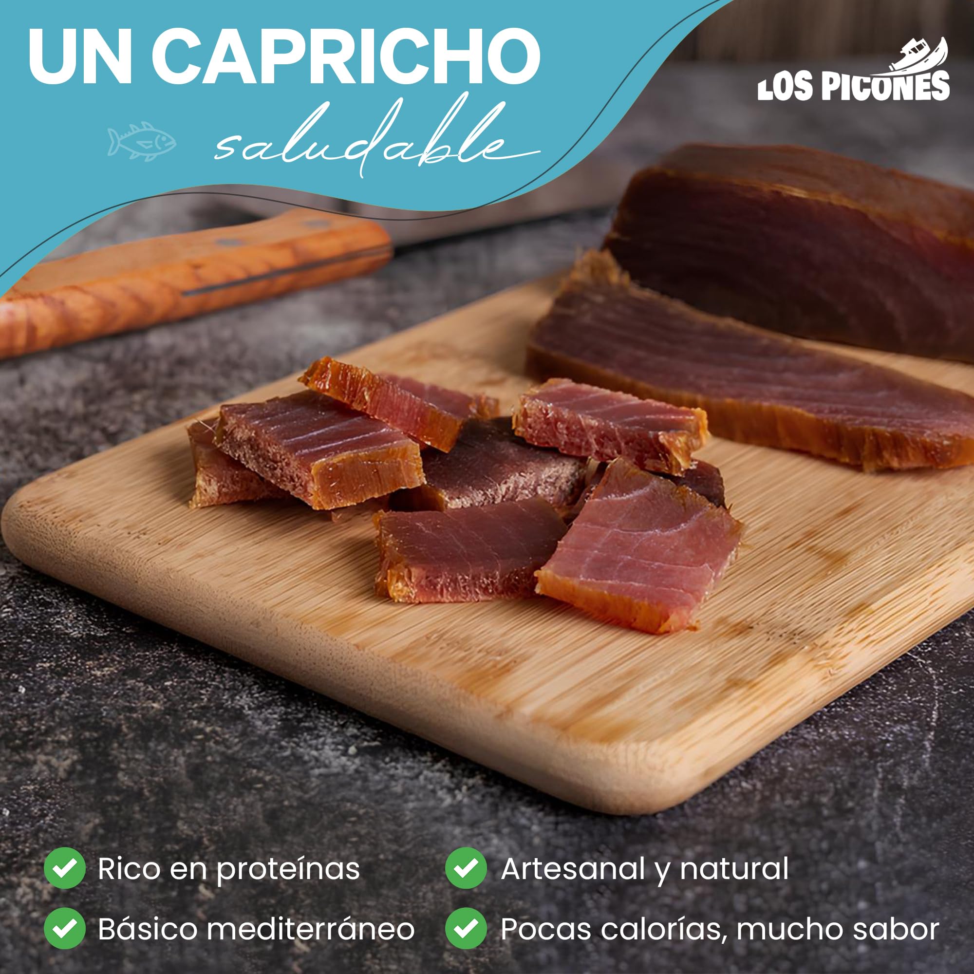 Los Picones Gourmet® Mojama de Atún Extra I Delicia Mediterránea I Textura Firme I Sabor Intenso I Especialidad Española I Ideal para Aperitivos y Ensaladas I 200 gramos aprox.