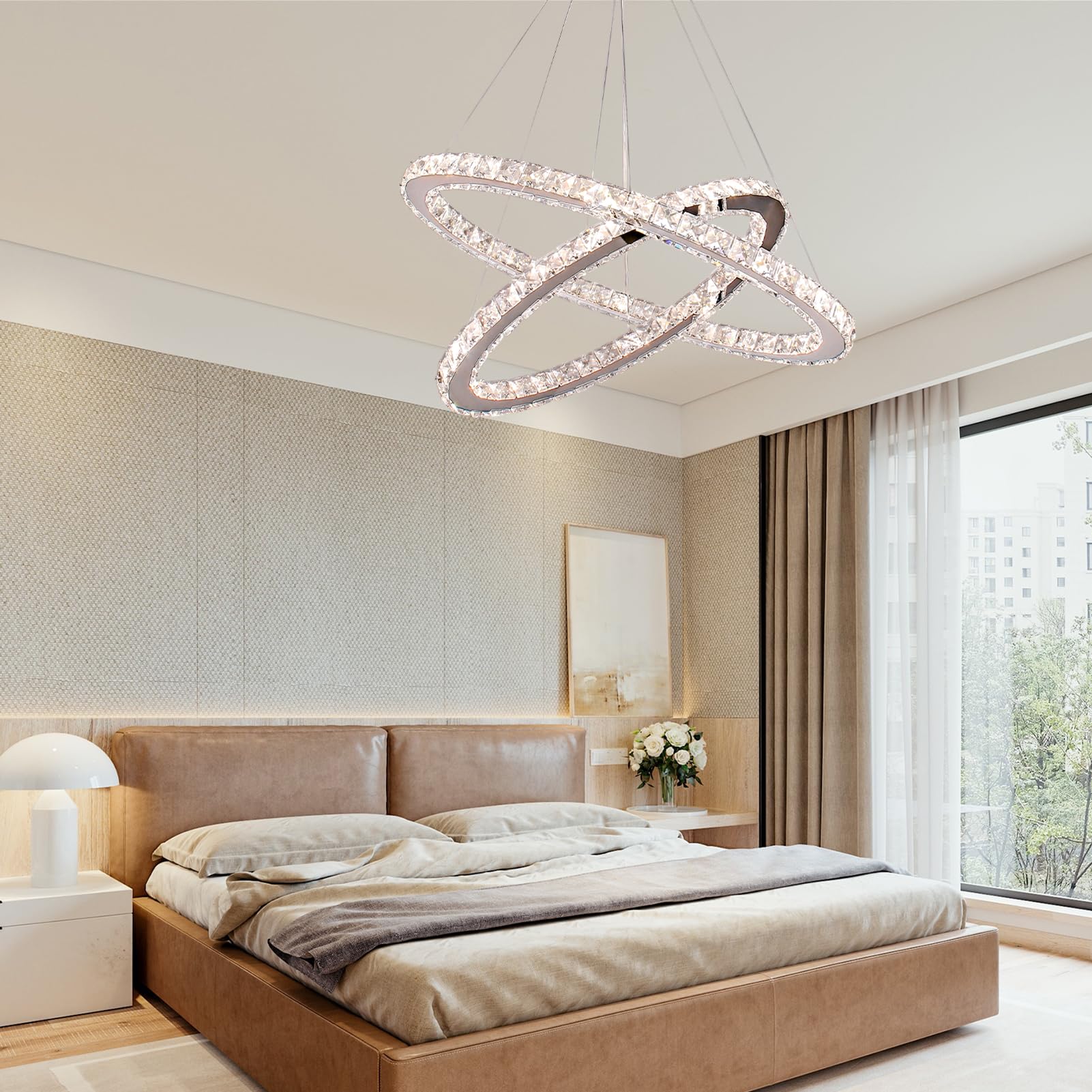 Finktonglan Kristall-Kronleuchter, Moderne LED Kronleuchter mit Fernbedienung, ovale Deckenleuchte, 2 Ringe, 56CM 32CM, 3 Farben Pendelleuchte für Wohnzimmer, Esszimmer, Schlafzimmer (Dimmbar)
