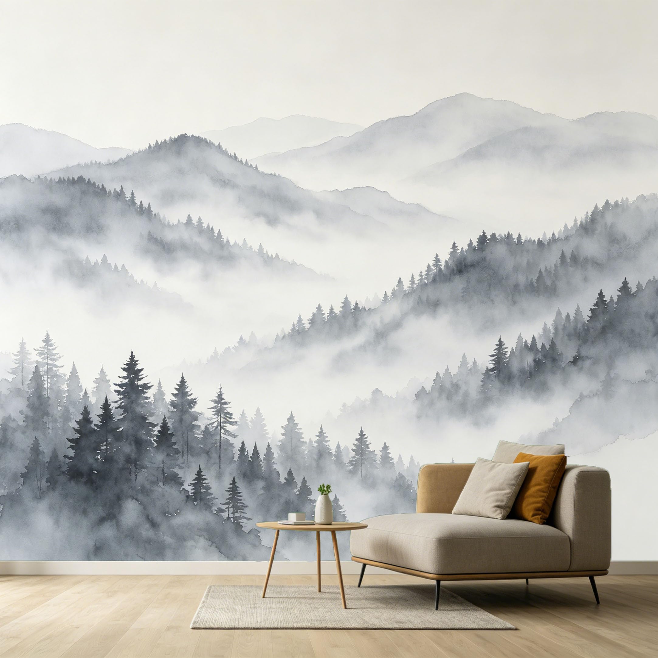 Custom Size Wall Murals Misty Mountain Forest Landscape Watercolor Monochrome SelfAdhesive Wall Fabric Removable Large Wallpaper for Photo Living Room Interior Decor