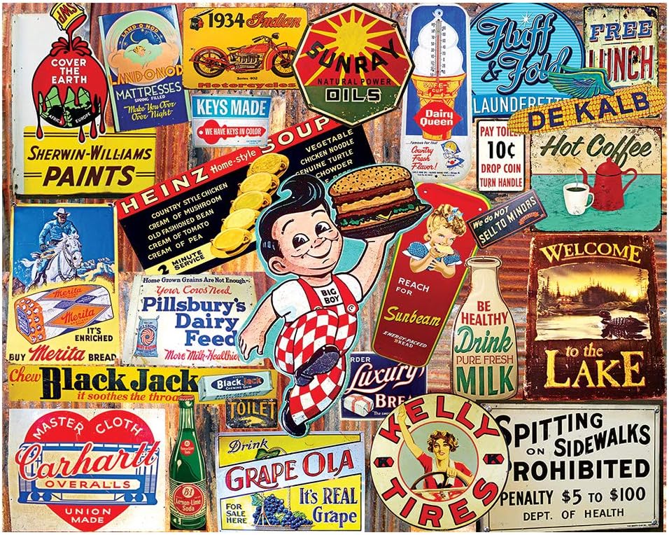 White Mountain 1000 Piece Jigsaw Puzzle Classic Advertising Collage Puzzles with Large Pieces for Adults and Family 24"x30" - Vintage Signs