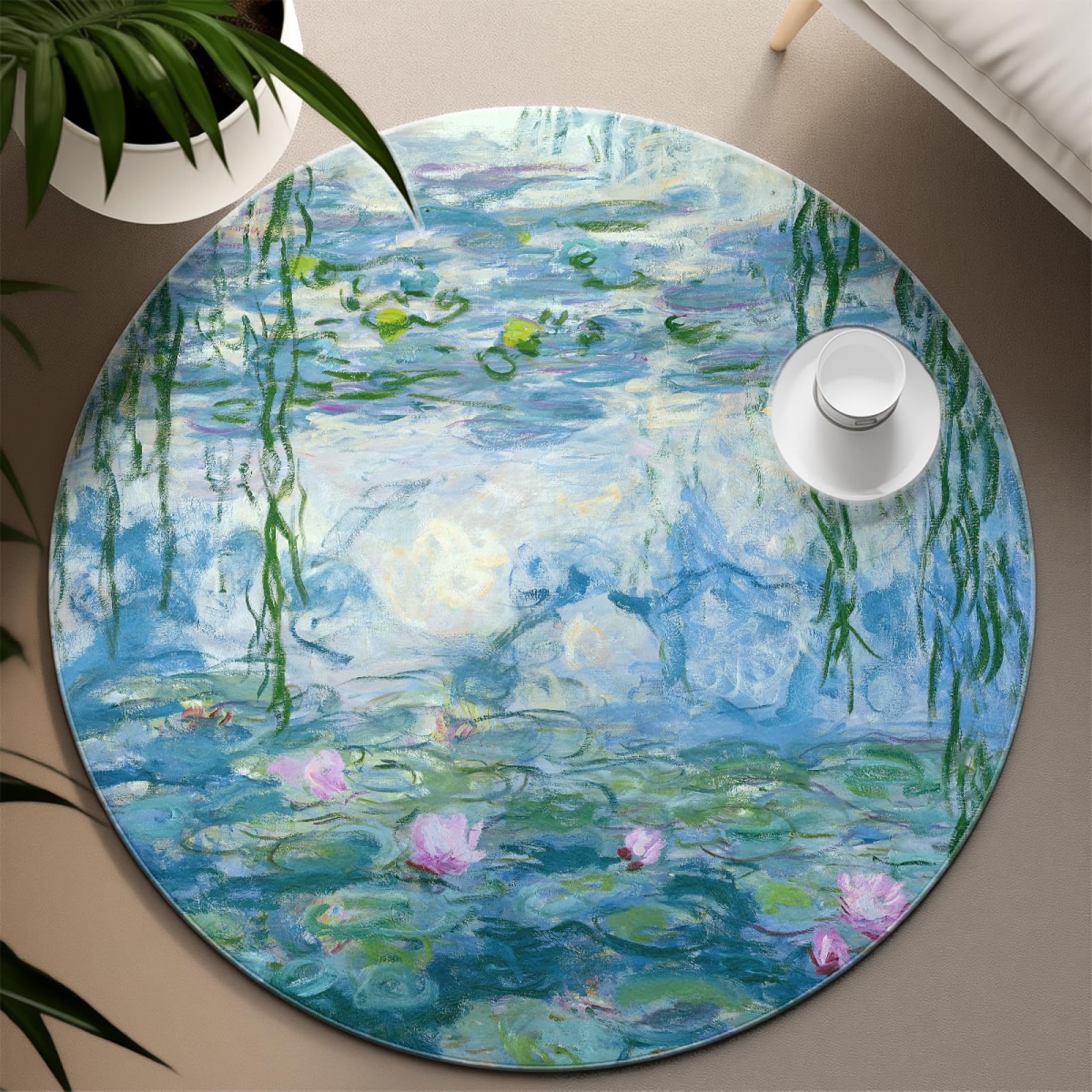 Tapis Ronds de Style impressionniste 100cm nénuphar Lavable Support antidérapant Jeté à Poils Ras Tapis Circulaire pour Salle à Manger Chambre d’Amis