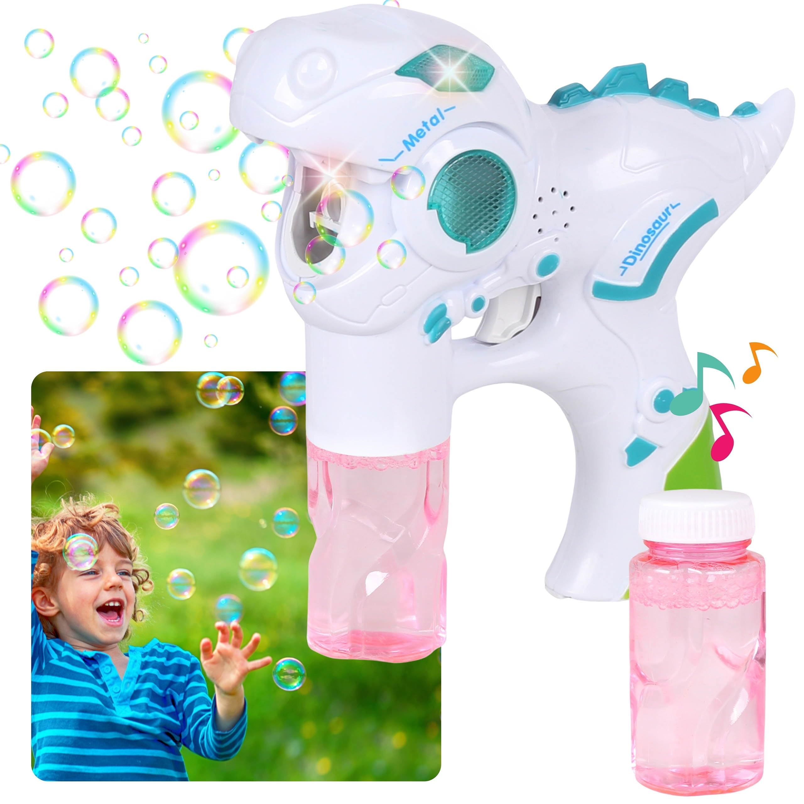 Dinosaur Bubble Gun with LED and Sound, Includes 2 Bottles of Liquid (Universal, White) - Image 2