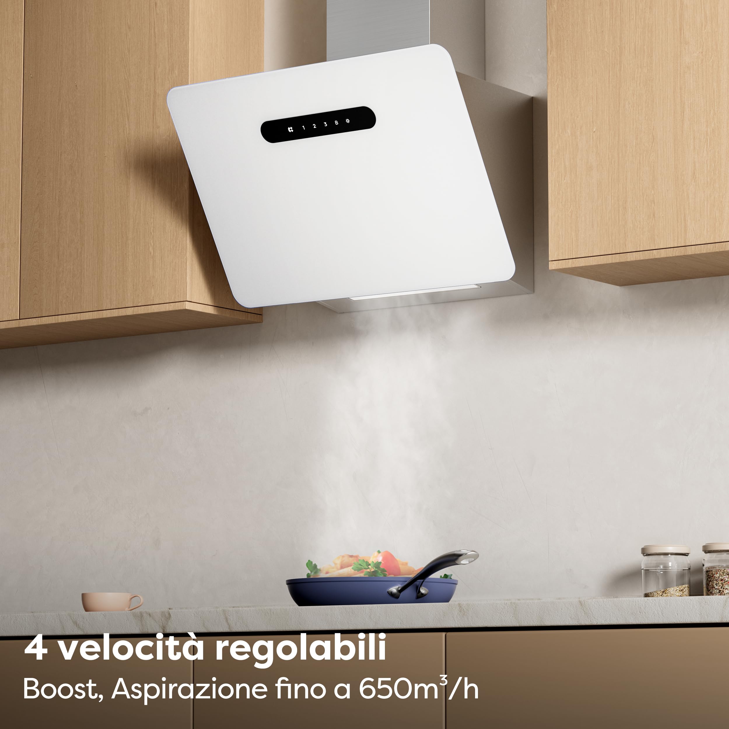 Ciarra A+++ Cappa Aspirante 60cm 650 m³/h - APP WiFi Connessa - Cappa Inclinata - 3 Velocità - Filtri al Carbone Inclusi - Evacuazione o Riciclaggio - Bianco -CBCW6736K