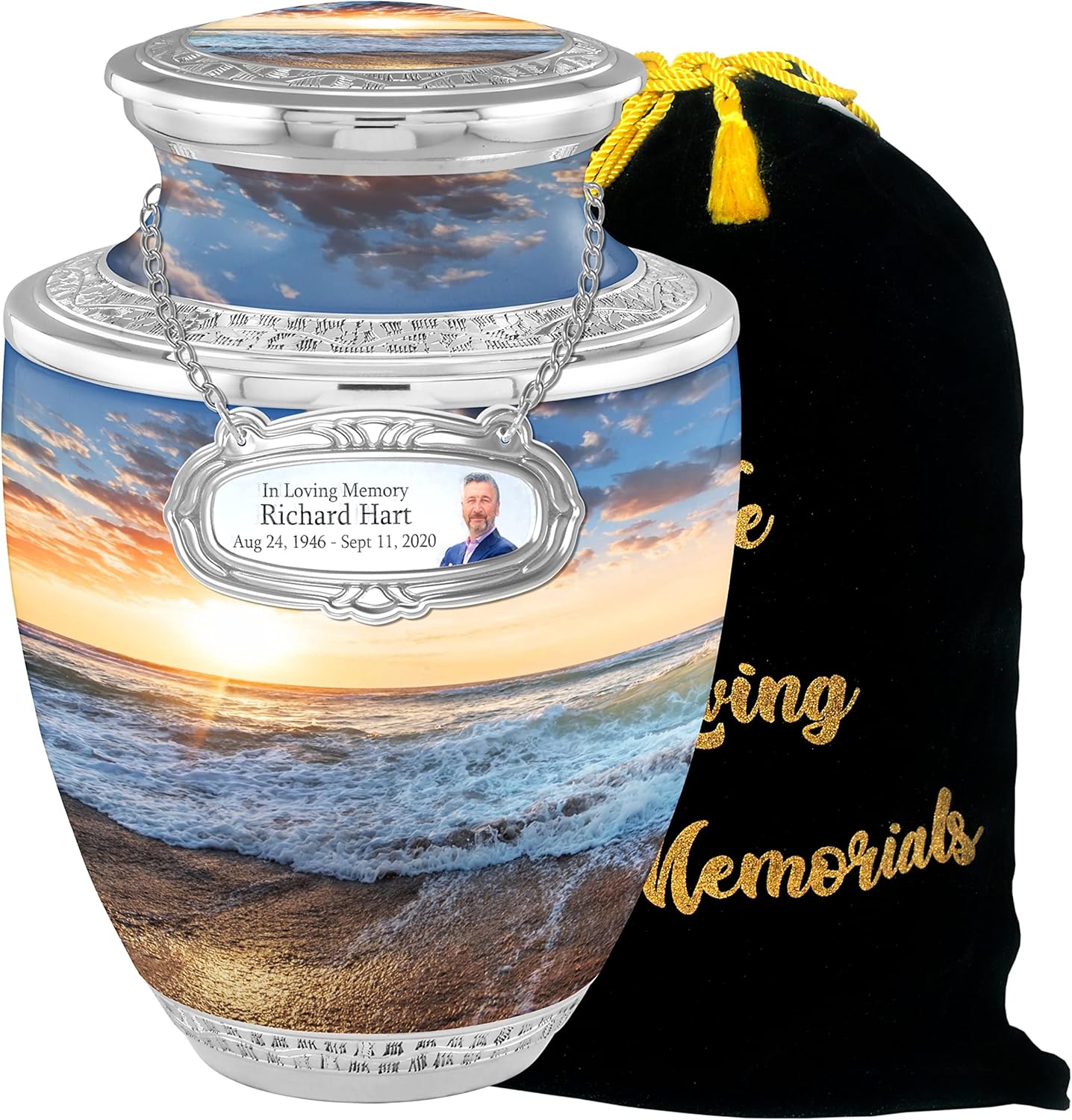 Personalized Medallion Seashore Sunset Cremation Urns for Adult Ashes - Male & Female - 200lbs Burial Urns for Human Ashes - Handcrafted Funeral Decorative Urns with Velvet Bag