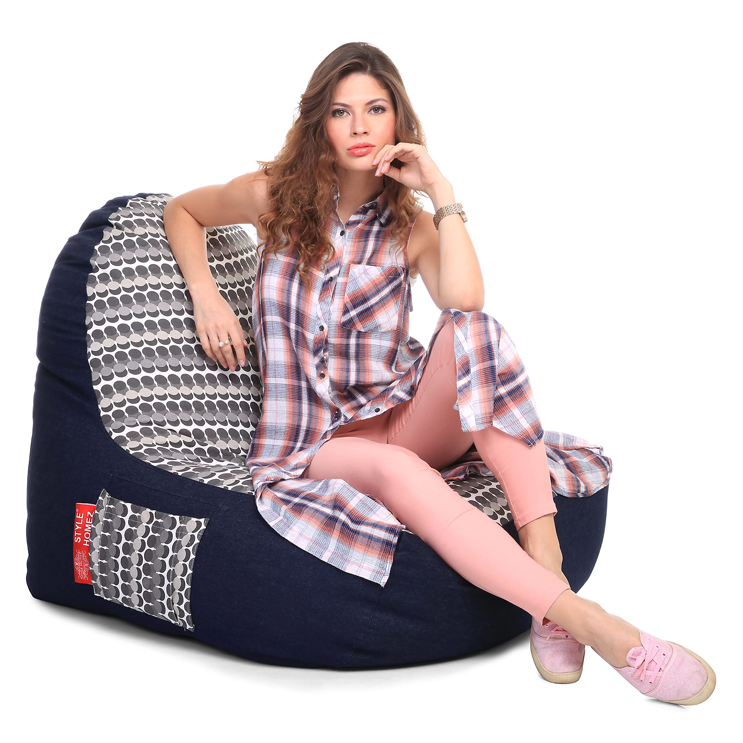 Urban Design Denim Canvas Polka Dots Printed Chair Bean Bag XXL Size Cover Only(Without Beans)(Multicolor)-picture-12