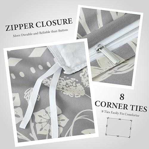 Miniatura 5 de Uniclinens Funda de edredón gris Queen Funda de edredón 100% algodón con diseño de pájaros y flores con cierre de cremallera y 8 lazos, 3 piezas
