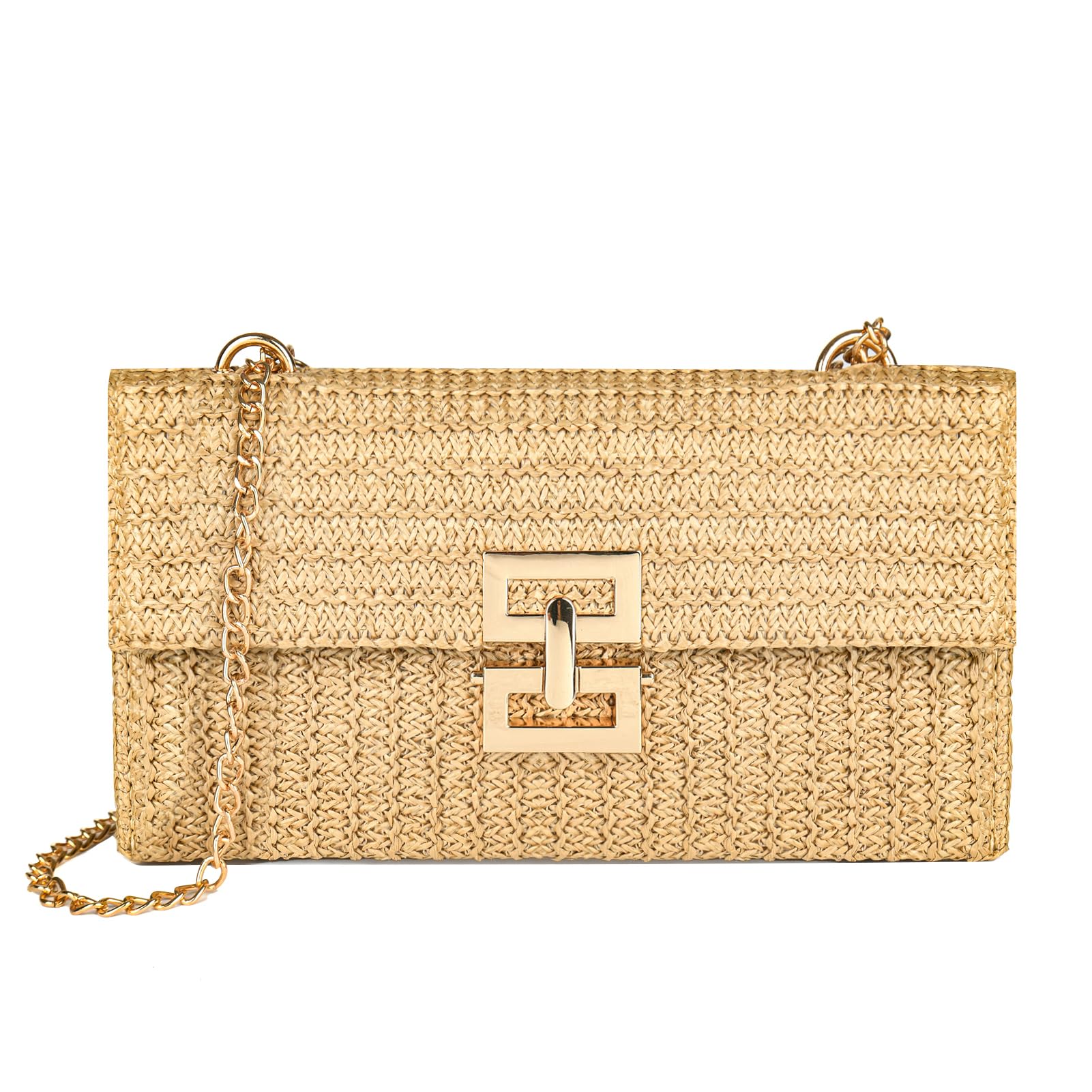 Carfond Straw Chain Clutch Purses for Women Ladies Woven Envelope Handbag Shoulder Crossbody Beach Bag | Straw Chain