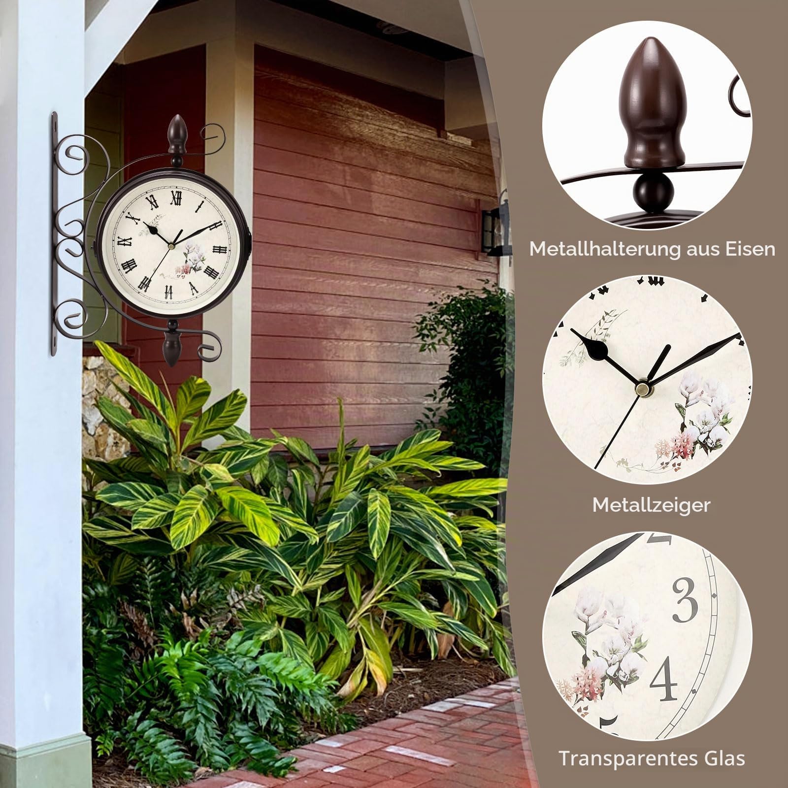 UrbanHomes Bahnhofsuhr Doppelseitig, Bahnhofsuhr Wetterfest, Runde Garten Wanduhr, Retro Schmiedeeisen Metall Wanduhren Aussen Stille Quarzuhr Wanduhr Outdoor Uhr Dekorative mit Halterung 1