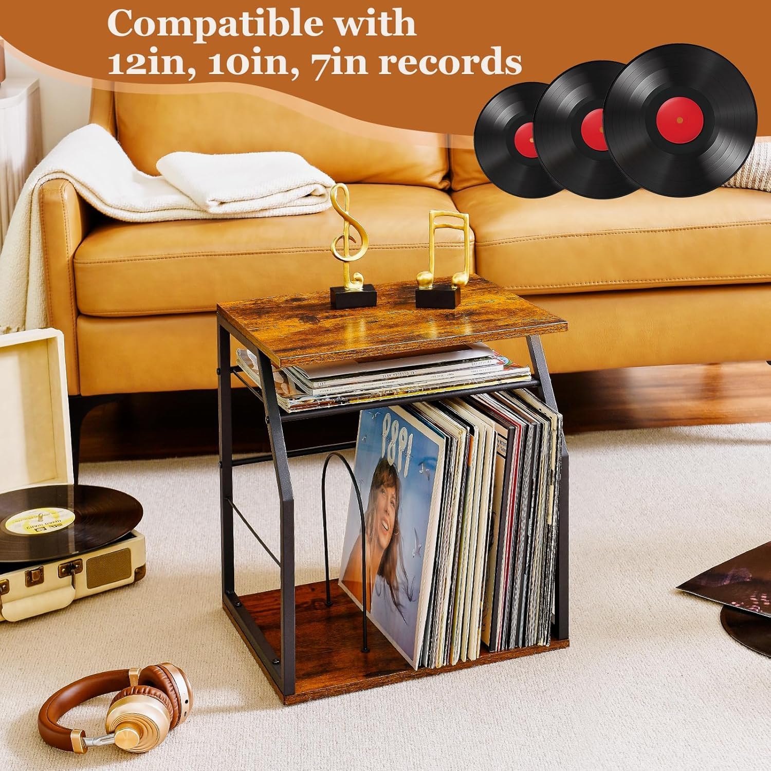 OGFC 11117 Vinyl Record Storage Holder for 100LPs, 3-Tier Vinyl Record Stand with 2 Movable Divider, Record Holder Organizer for Player, Albums, Magazine, Book, File (Black) 1