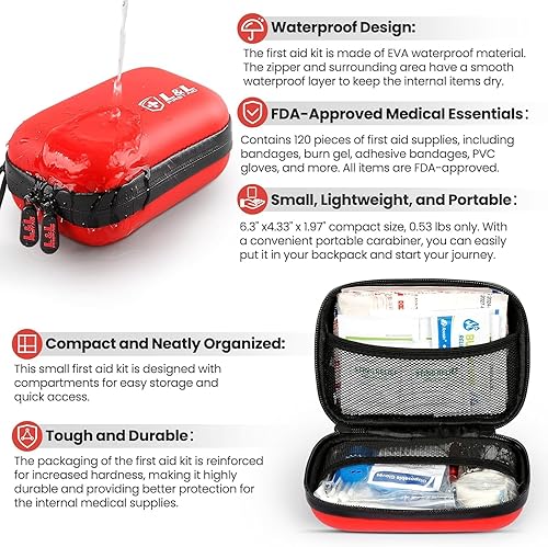 Miniatura 6 de Kit de primeros auxilios para viajes, automóvil y supervivencia de emergencia, suministros médicos compactos e impermeables con vendajes de trauma,