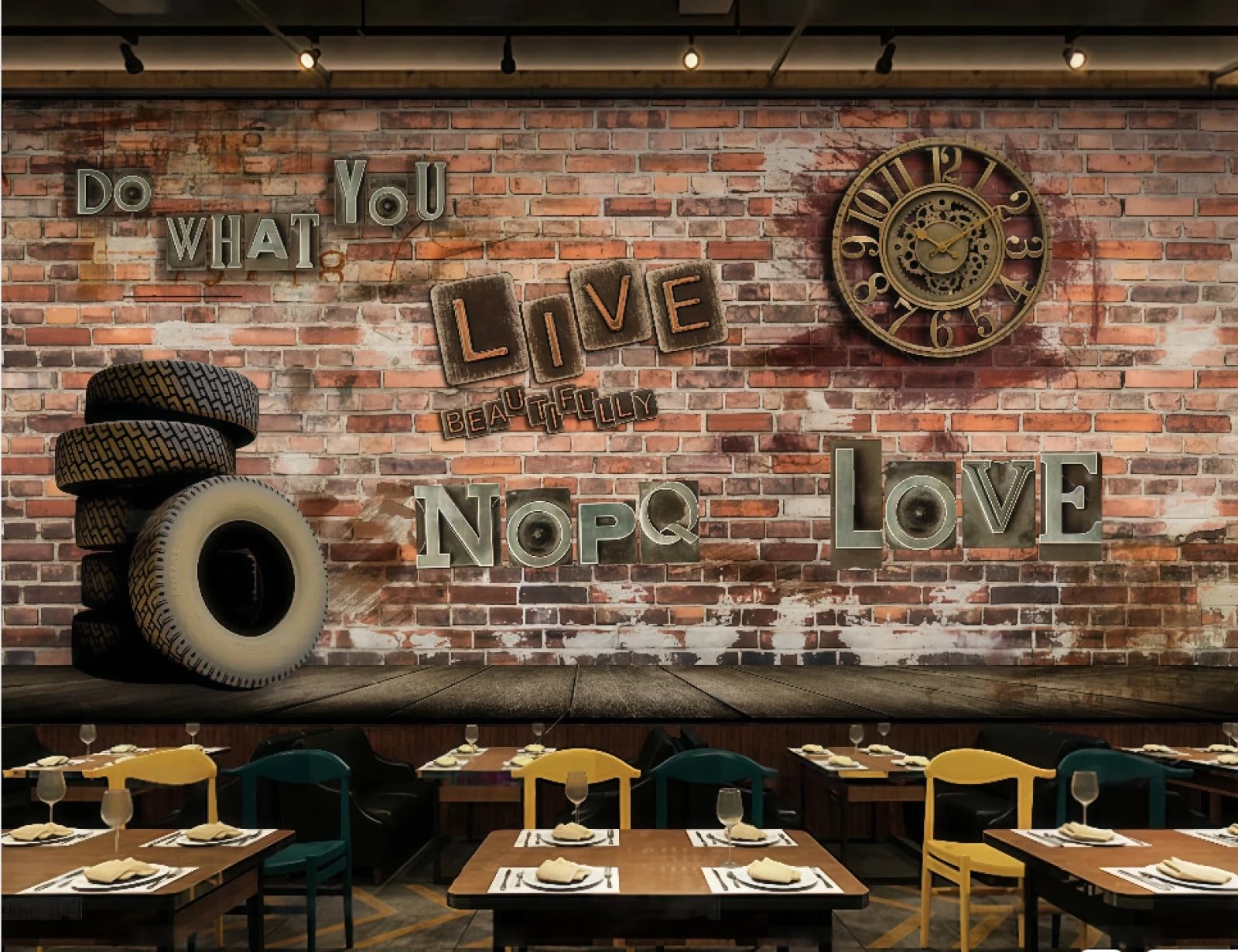 rskjdghshd Wallpaper Retro Brick Wall Three-Dimensional Clock Gear Theme Music Bar Western Restaurant Background Wall Mural Afternoon Tea Coffee Shop Wallpaper,3D,200x140cm
