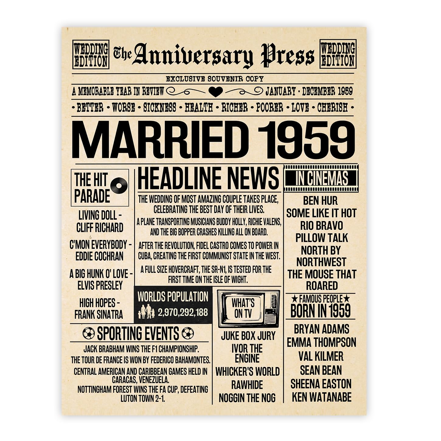Stuff4 67th Anniversary Poster Unframed - Married In 1959 Newspaper - Happy 67th Wedding Anniversary for Men Women Vintage Gifts Retro Back In 1959, 8x10 Inch Anniversaries Posters