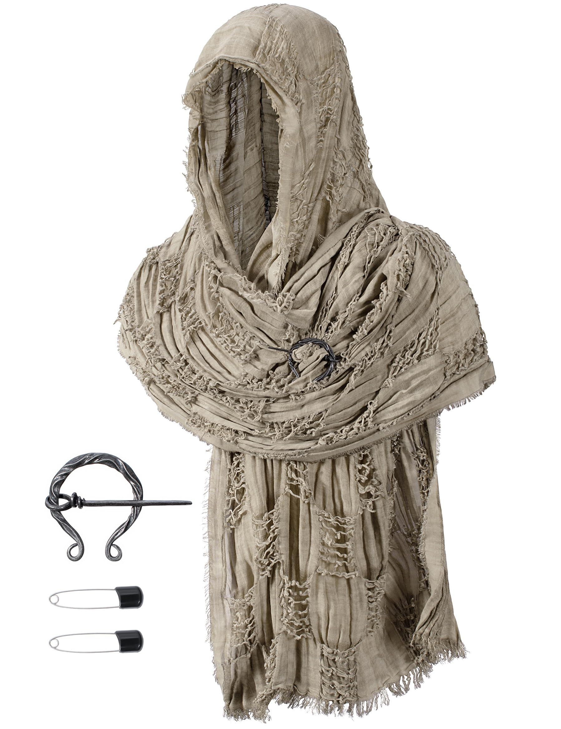 Unisex Medieval Renaissance Hooded Cowl Multifunctional Scarf Shawl Cape Halloween Cosplay Costume Brooch Accessories Set, Khaki, One size