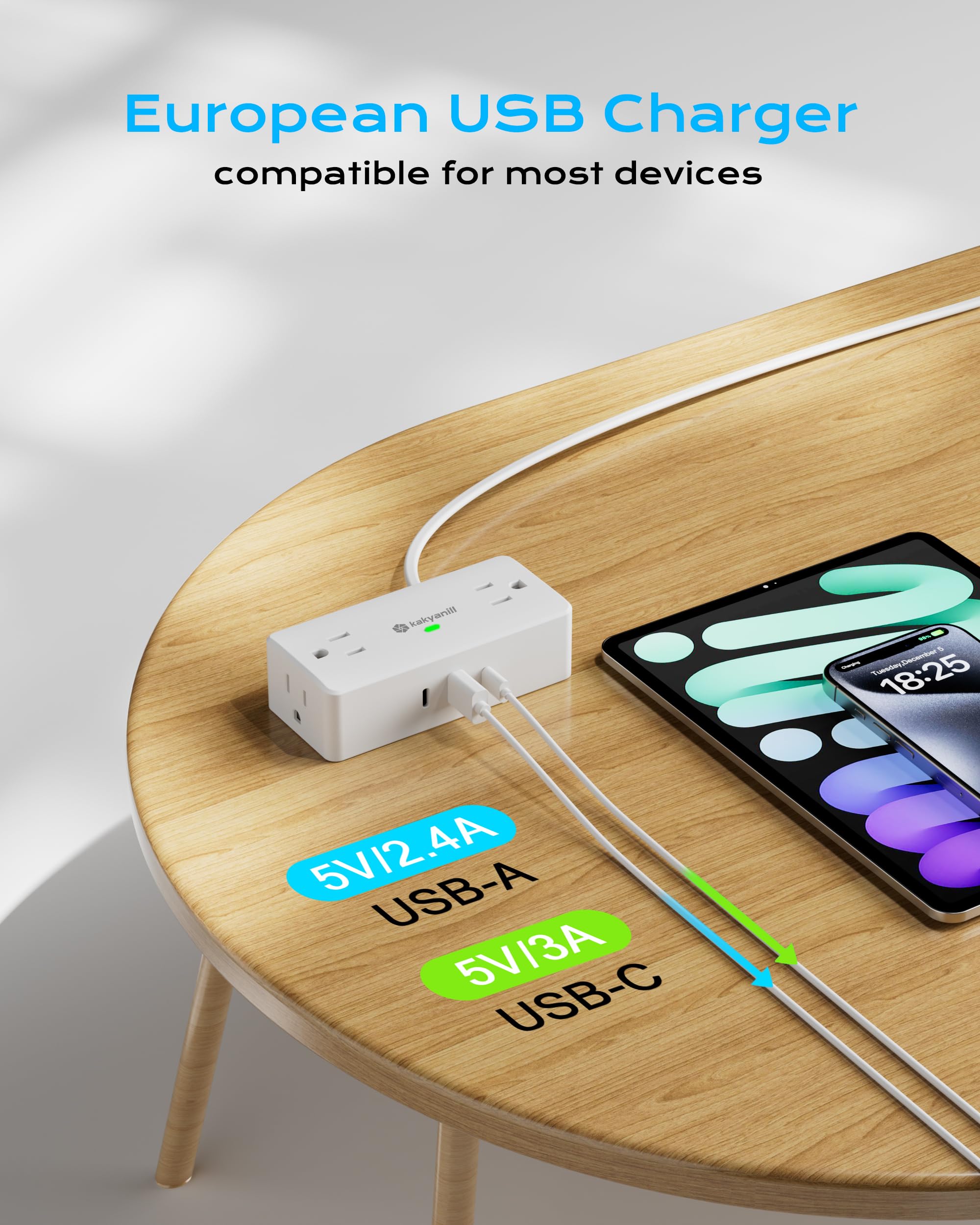 Kakyanill - Reise-Euro-Stecker-Adapter, EU/UK/JP Steckdosen-Adapter, 4 AC-Ausgänge, 3 USB-Ports (2 USB C), 5 Fuß flaches Verlängerungskabel, kompakt für Reisen