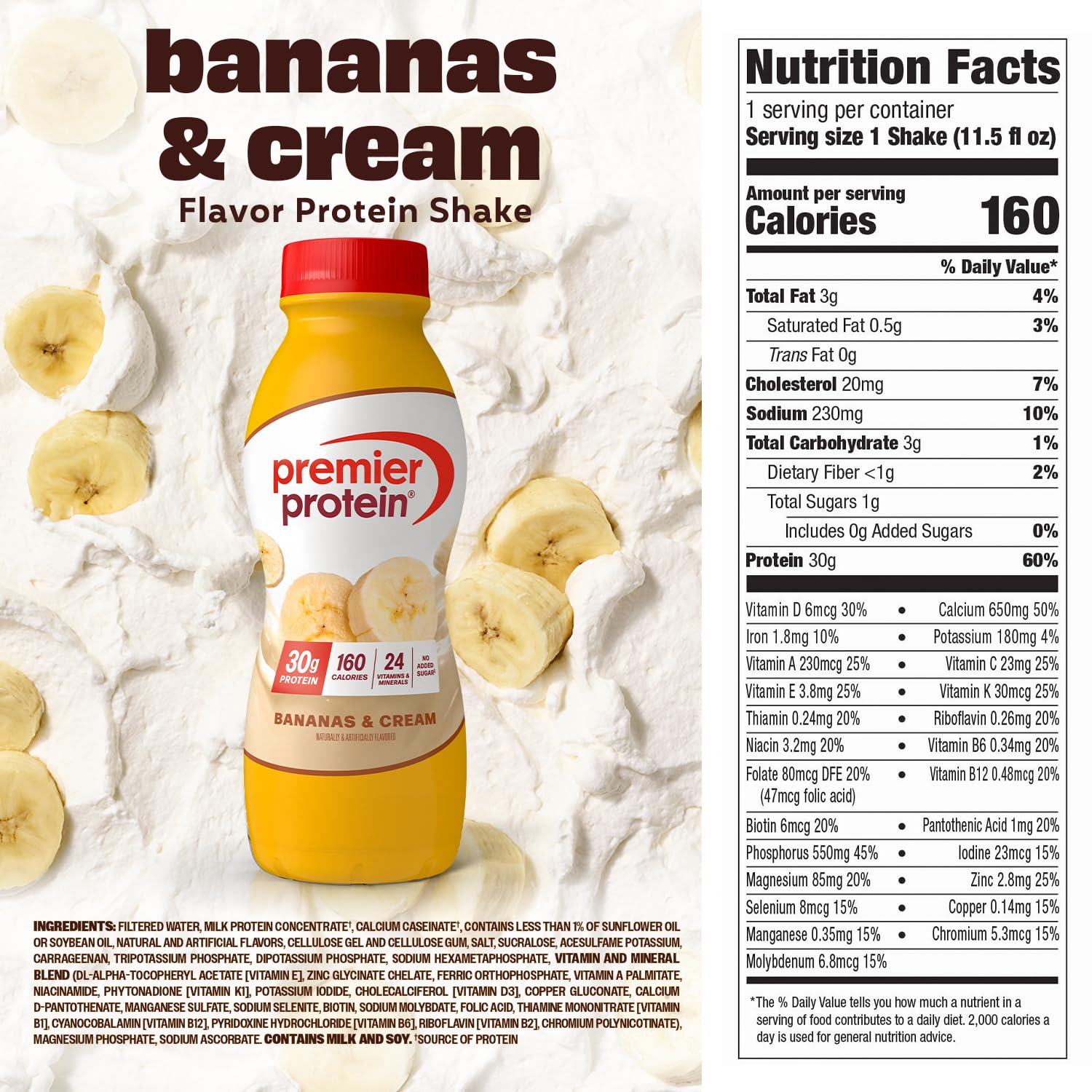 Premier Protein Shake, Bananas & Cream, 30g Protein, No Added Sugar, 24 Vitamins & Minerals to Support Immune Health, 11.5 fl oz, 12 Pack