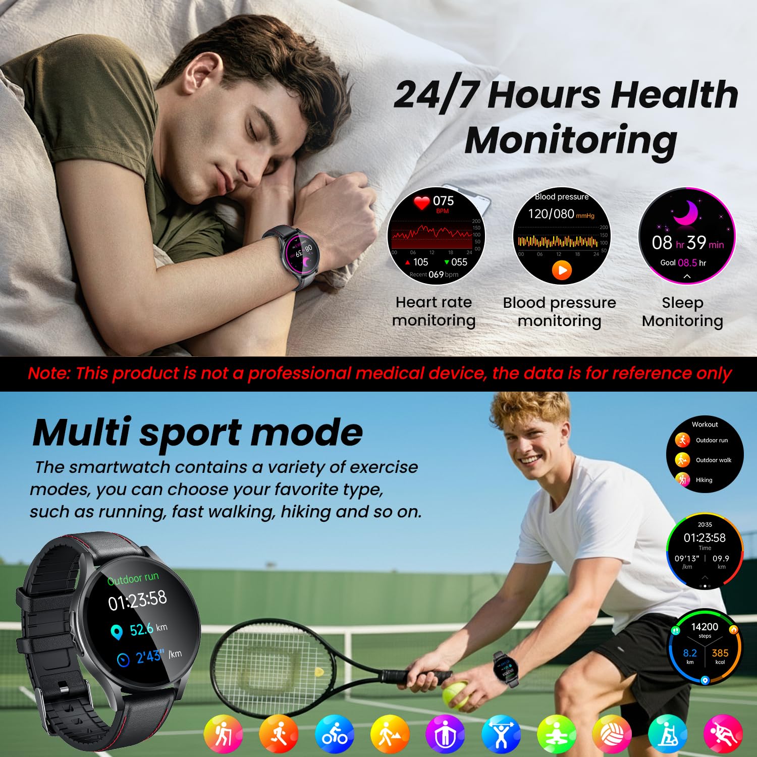 Montre Connectée ECG Smartwatch Santé: 1.43"AMOLED Fitness Montre Intelligente Sport Homme avec HRV Repondre Appel Cardiofréquencemètre SpO2 Sommeil Podomètre IP68 Multisports pour Android iOS Ronde