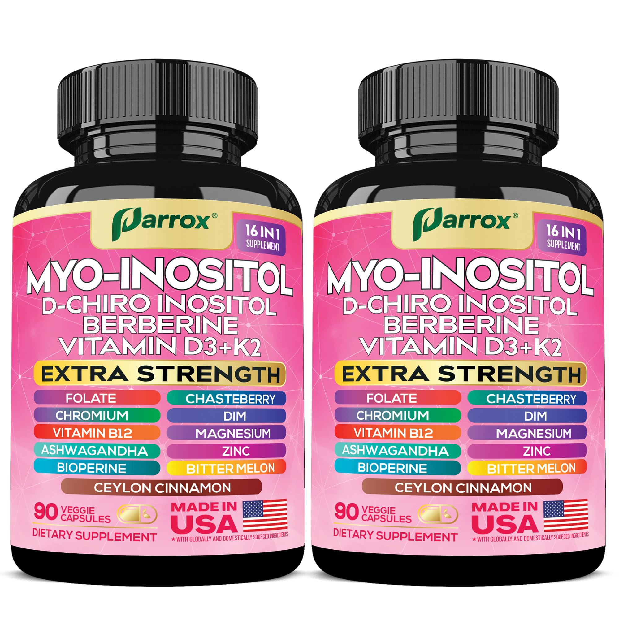 Parrox Suplemento de Vitamina B8 (Myo-Inositol e D-Chiro Inositol) com Berberina, pacote com 2 frascos, 180 cápsulas