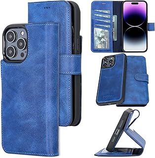 Bayelon Case for iPhone 14 Pro, Full Grain Leather Wallet Case, [2in1], Detachable Magnetic Flip Cover with Card Slots, Kickstand, iPhone 14 Pro Case Compatible with Apple MagSafe (Ocean Blue)