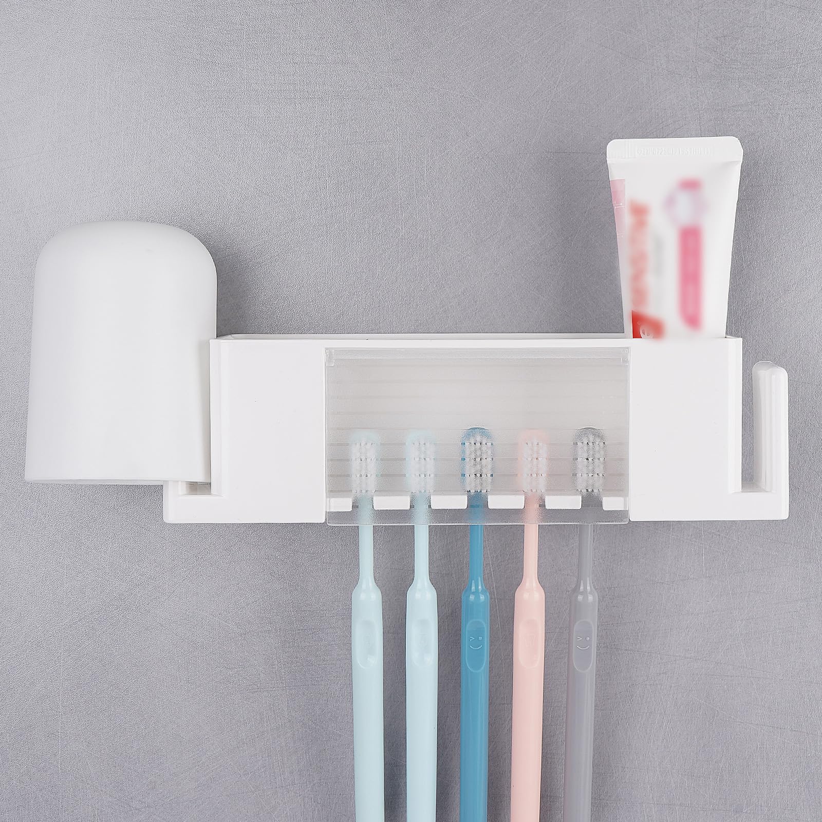 Luwoo White Large 5 Slots Wall Mount Toothbrush Holder With Cover, Self Adhesive Toothbrush Storage Organizer For Shower, Toothpaste & Toothbrush Hanger For Bathroom, Medicine Cabinet, Dorm (White Large)