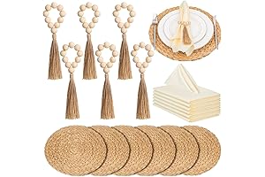 Table Decor Plate Enhancements: Boho Woven Placemats and Wood Bead Napkin Rings